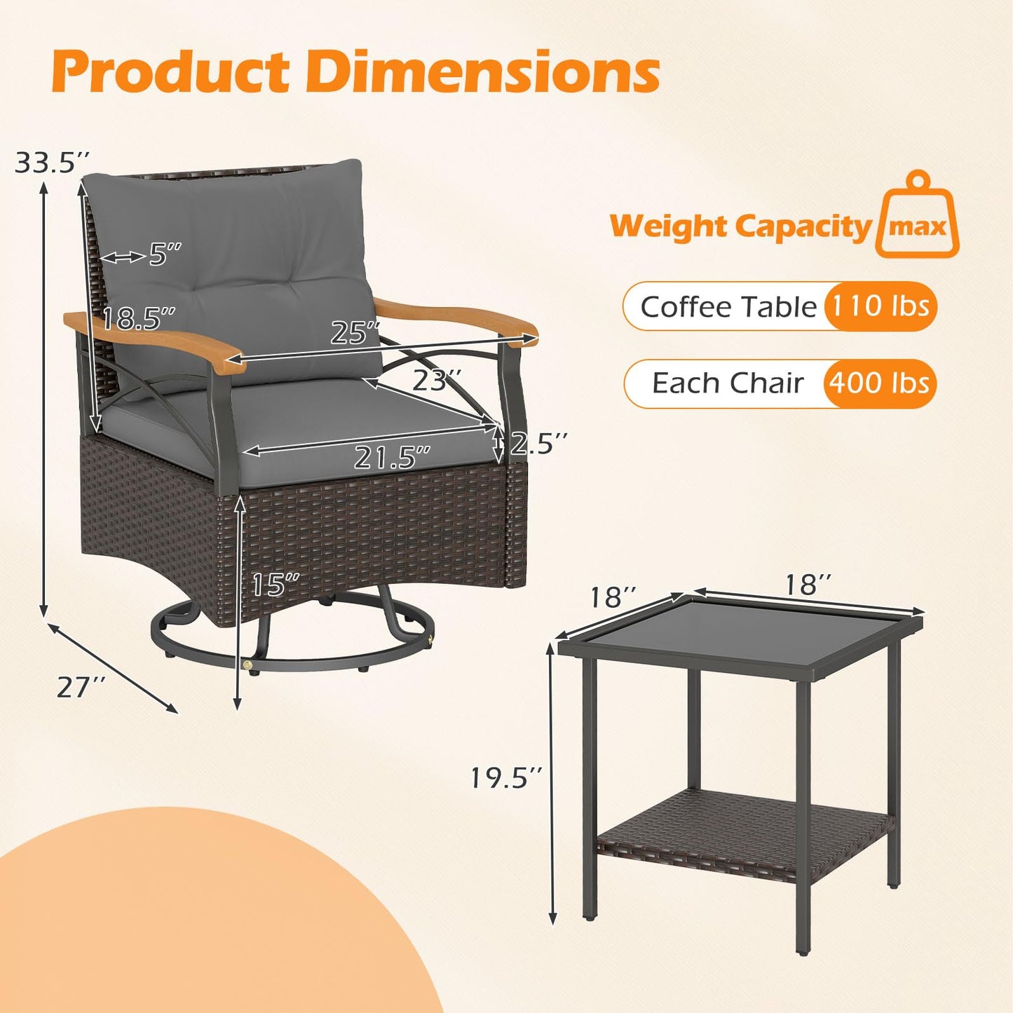 Tangkula 3 Piece Outdoor Swivel Chair Set with 2 Tier Tempered Glass Side Table