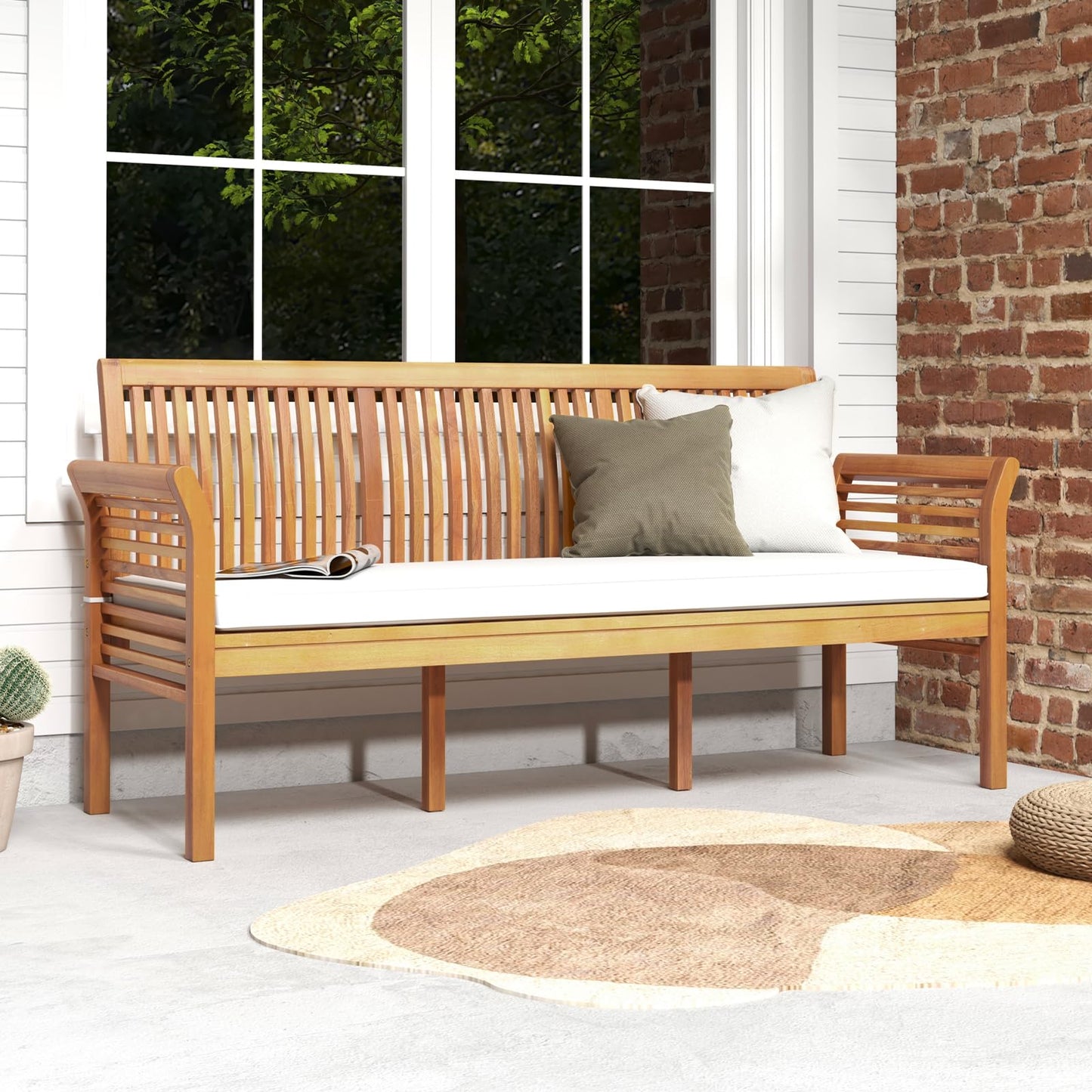 Banc de patio 3 places en bois Tangkula, banc en acacia de 62,5 pouces de long avec coussins d'assise moelleux
