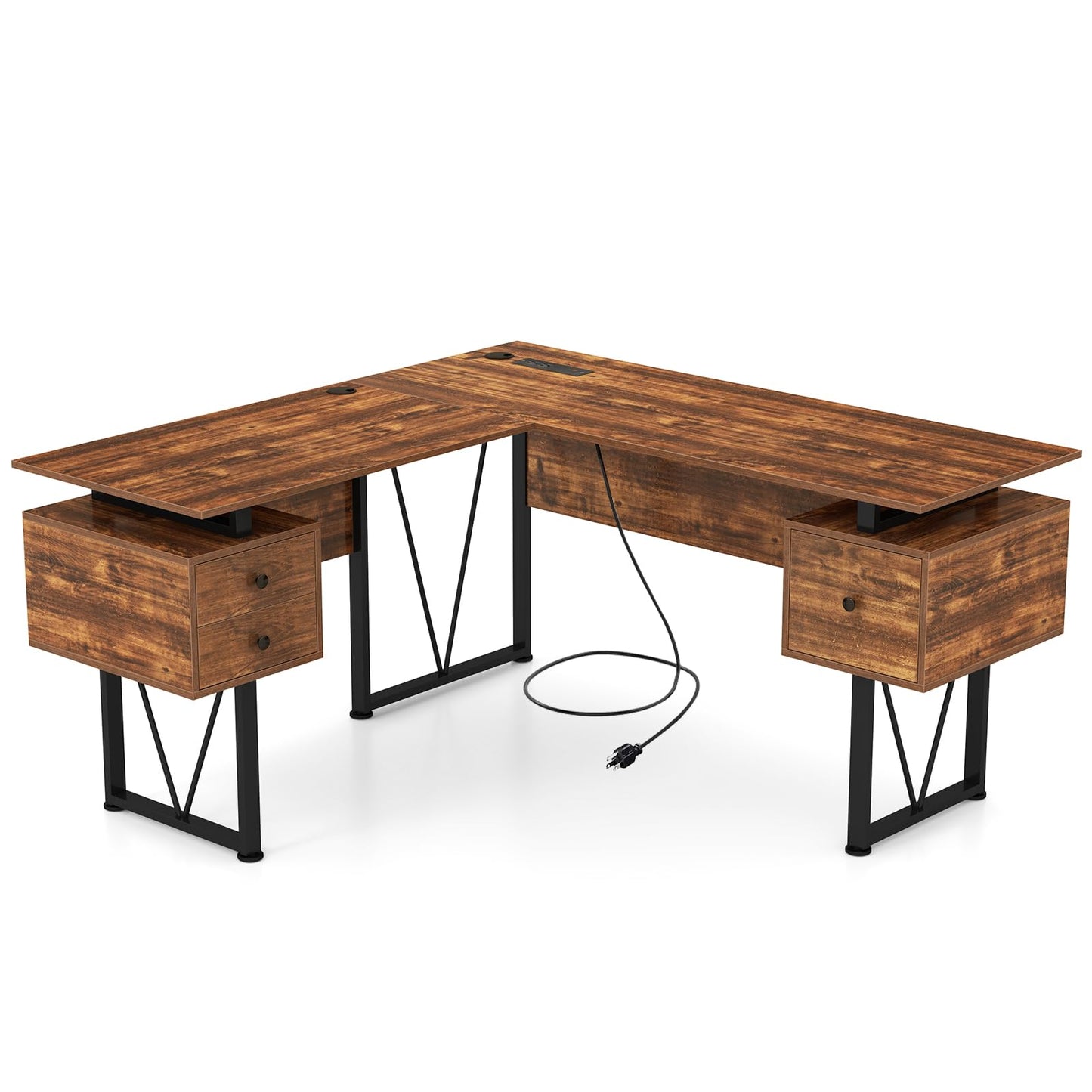 Tangkula 59" L-Shaped Office Desk with 3 Drawers & Charging Station