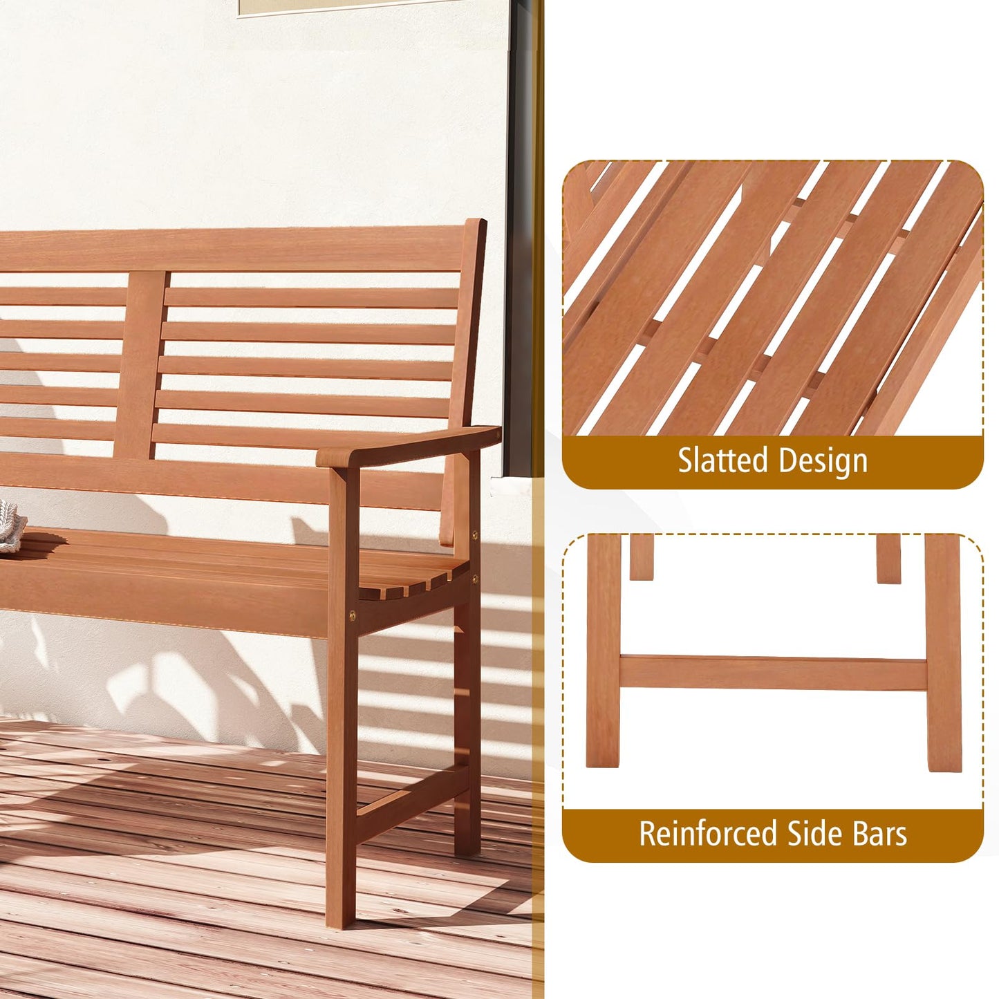 Banc d'extérieur en bois Tangkula pour 2 personnes avec dossier et accoudoirs ergonomiques