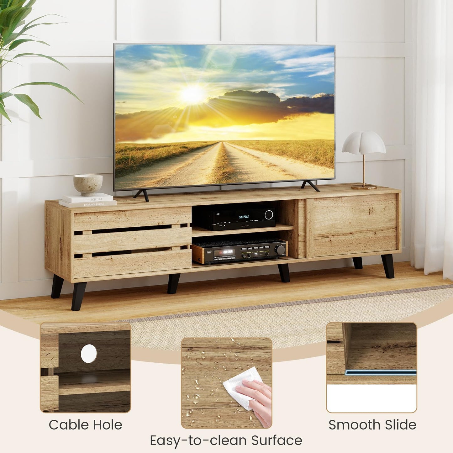 Tangkula Mid Century Modern TV Stand with Sliding Doors for 65” TVs