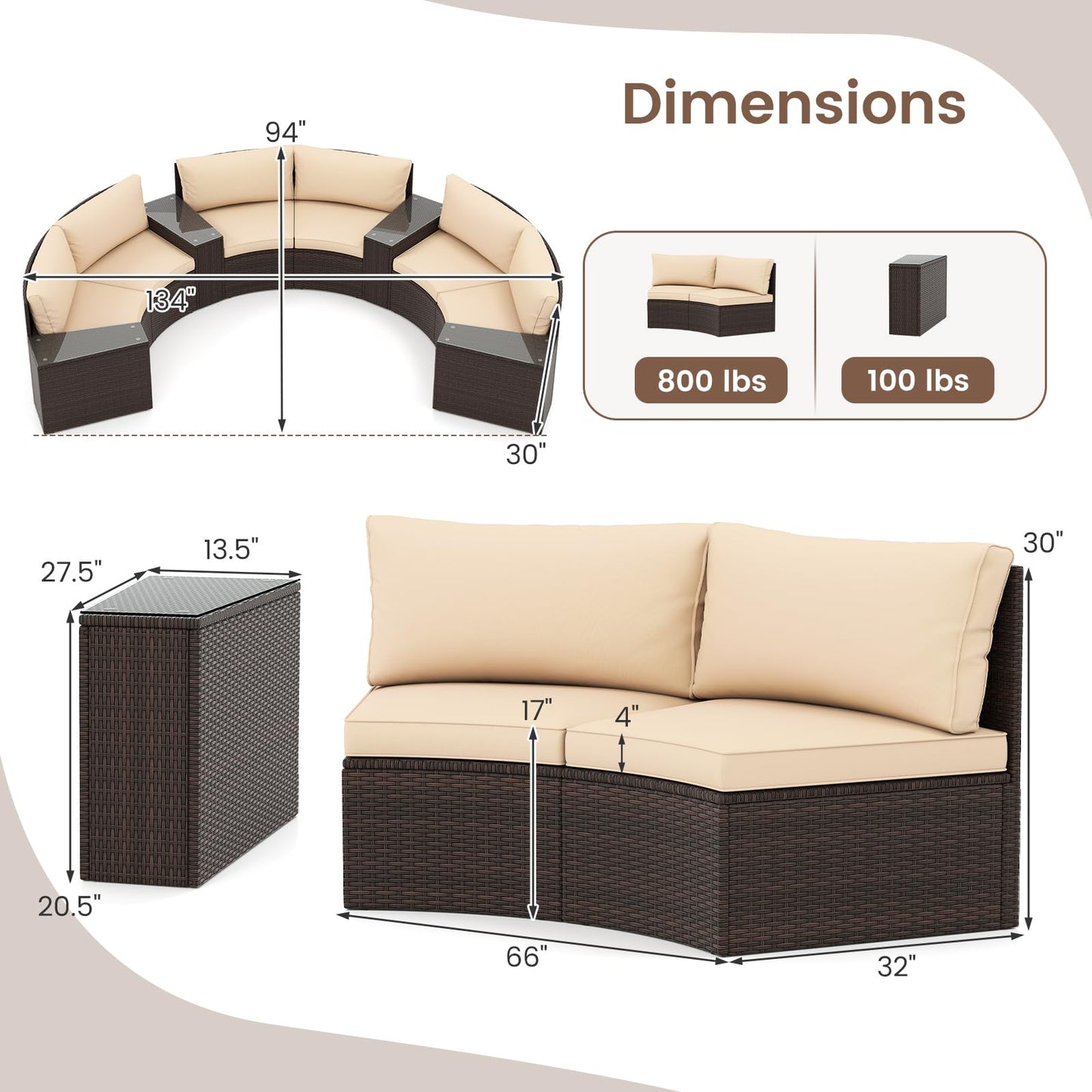 Tangkula 5 Pieces Patio Furniture Set Rattan Half-Moon Curved Sectional Cushioned Sofas