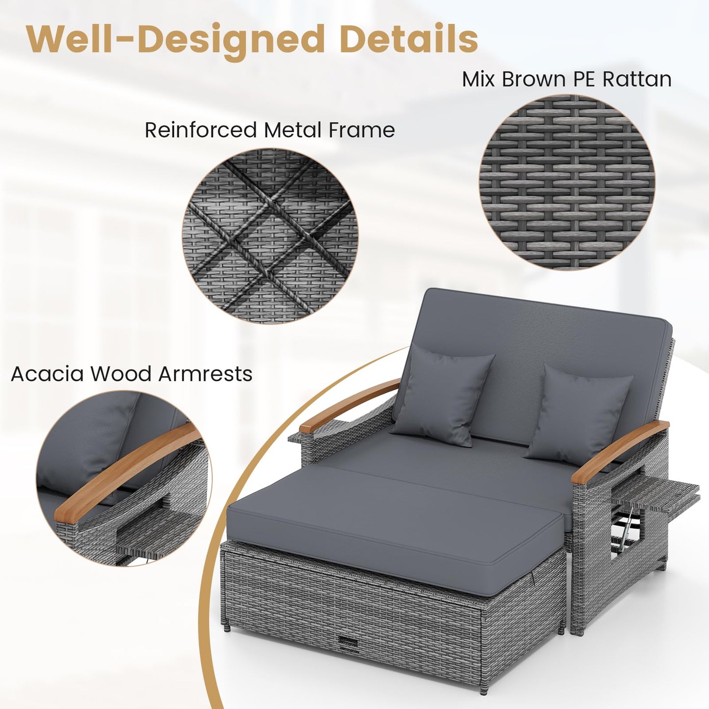 Tangkula Outdoor Wicker Loveseat with Acacia Wood Armrest Storage Ottoman & Folding Tray