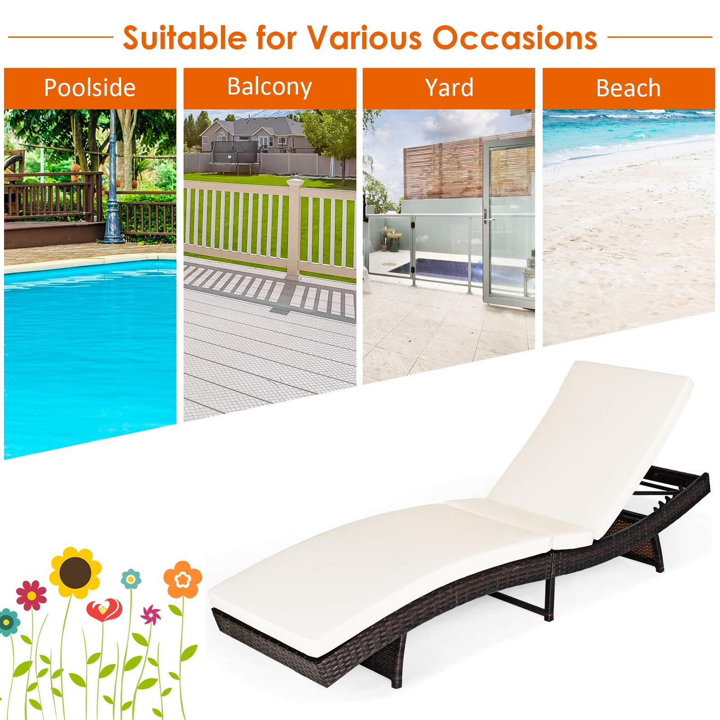 Tangkula Outdoor Folding Chaise Lounge, Rattan Patio Lounge Chair with Removable Thick Cushion, 5 Adjustable Levels