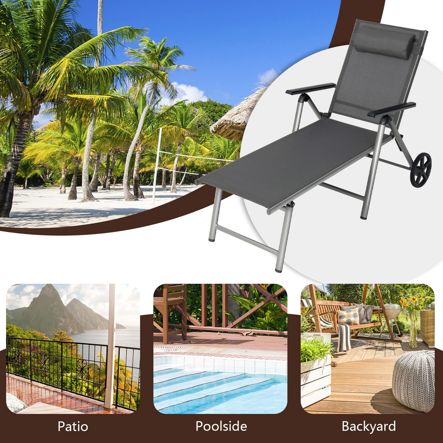 Tangkula Outdoor Aluminum Chaise Lounge Chair with Wheels