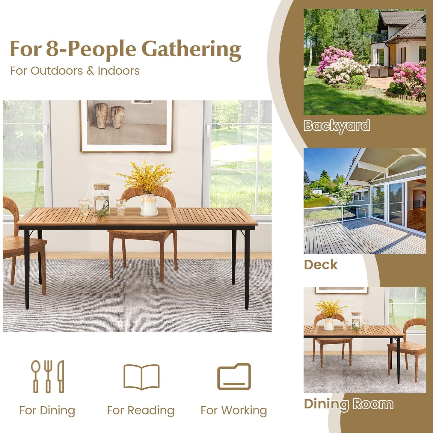 Tangkula Table de Jardin pour 8 Personnes, Table de Patio en Bois d'Acacia de 200 cm avec Trou de Parasol de 4,8 cm