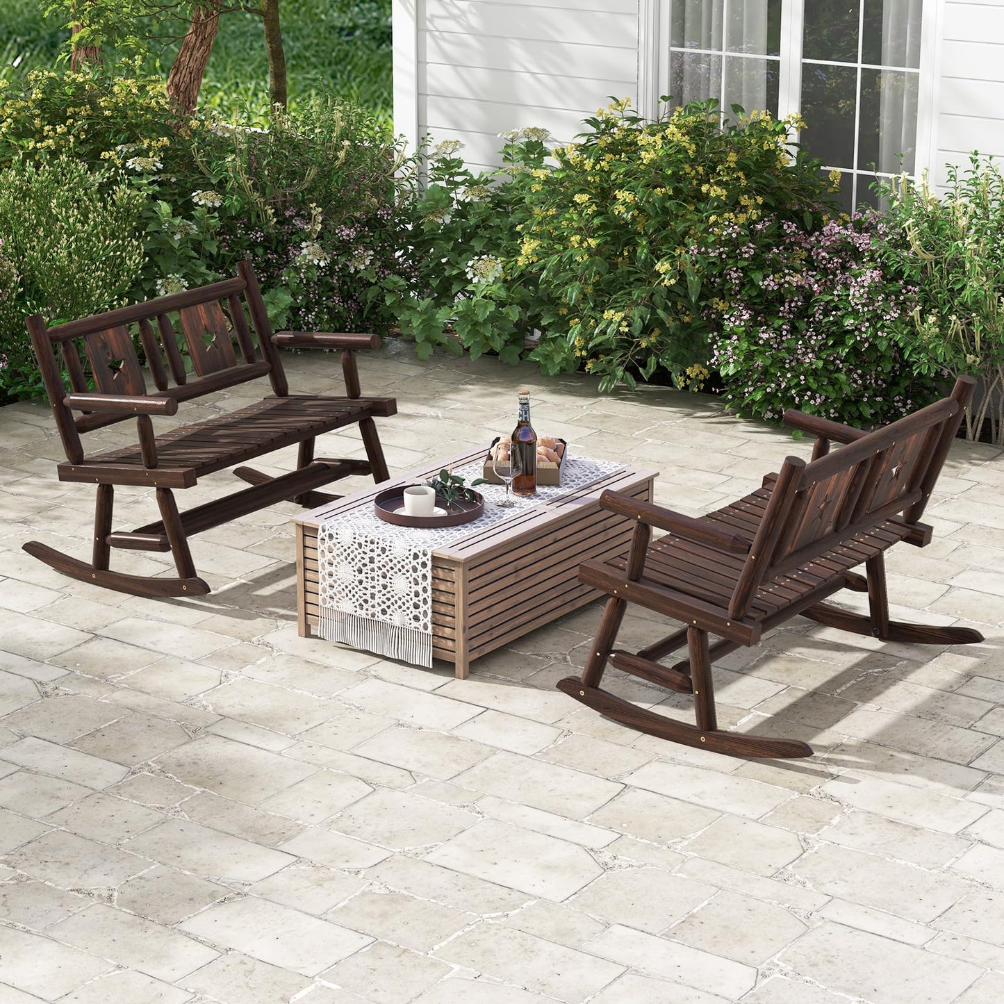 Banc à bascule Tangkula pour terrasse, double fauteuil à bascule en bois carbonisé avec siège ergonomique