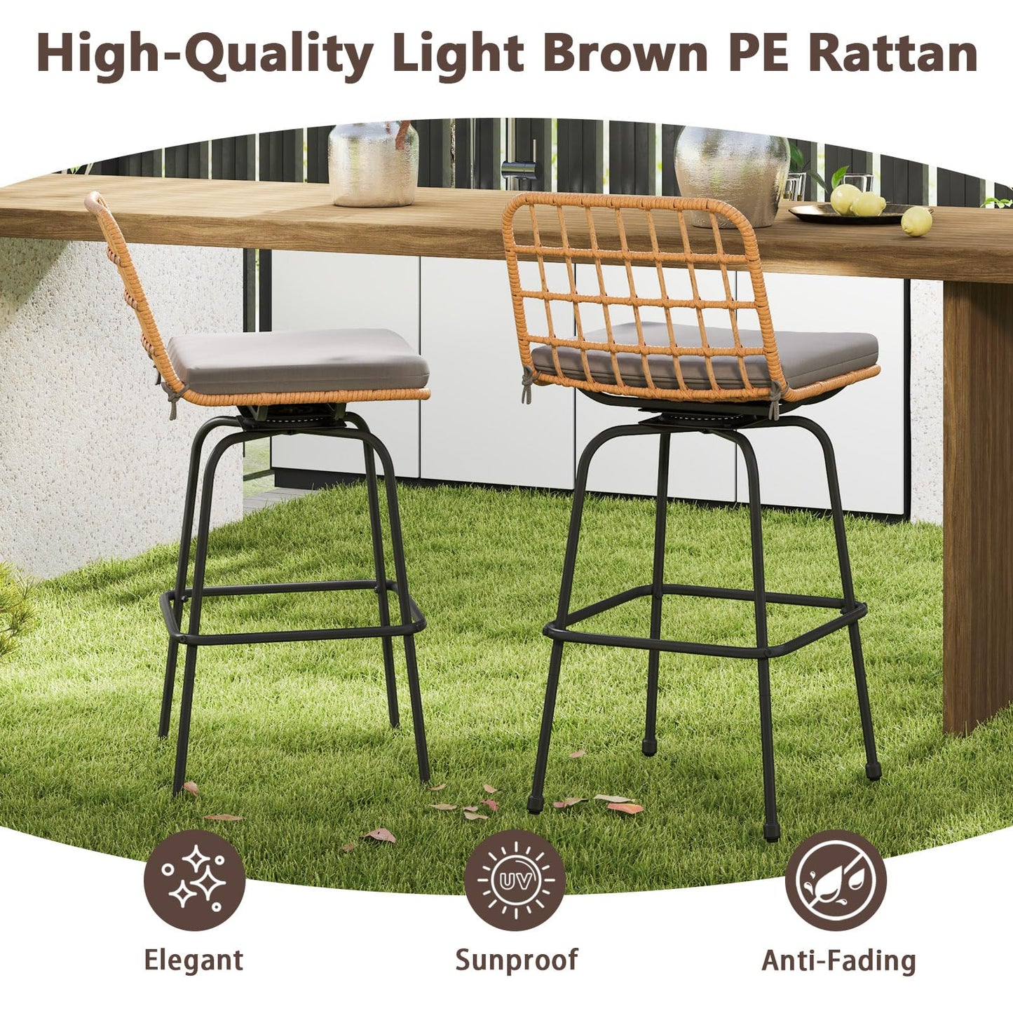 Tangkula Patio Swivel Barstools, Wicker Bar Height Chairs w/Soft Seat Cushions