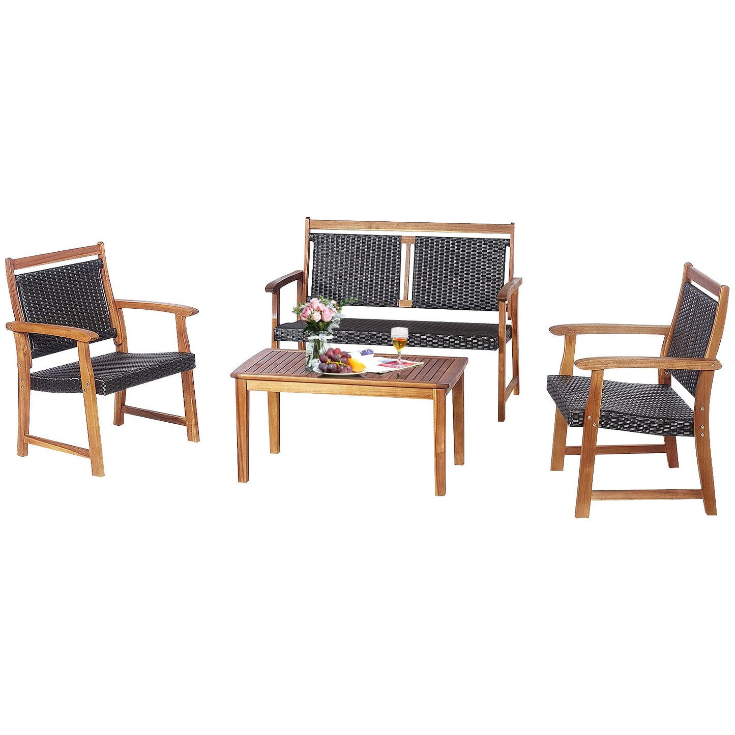 Tangkula 4 Pieces Patio Rattan Conversation Set with Acacia Wood Frame, Patiojoy Outdoor Furniture Set with Chairs & Coffee Table