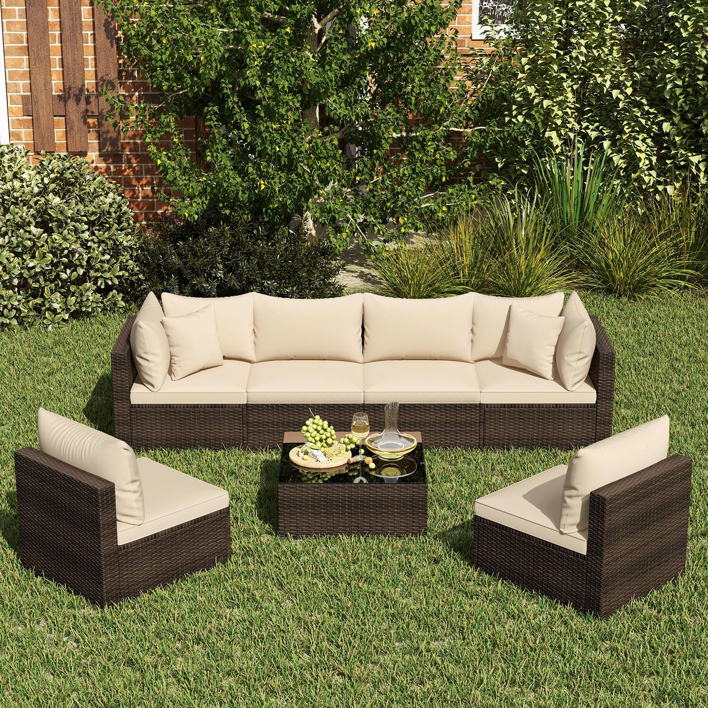 Tangkula 7 Pieces Patio Rattan Furniture Set, Patiojoy Outdoor Conversation Set with Cushions and Tempered Glass Coffee Table