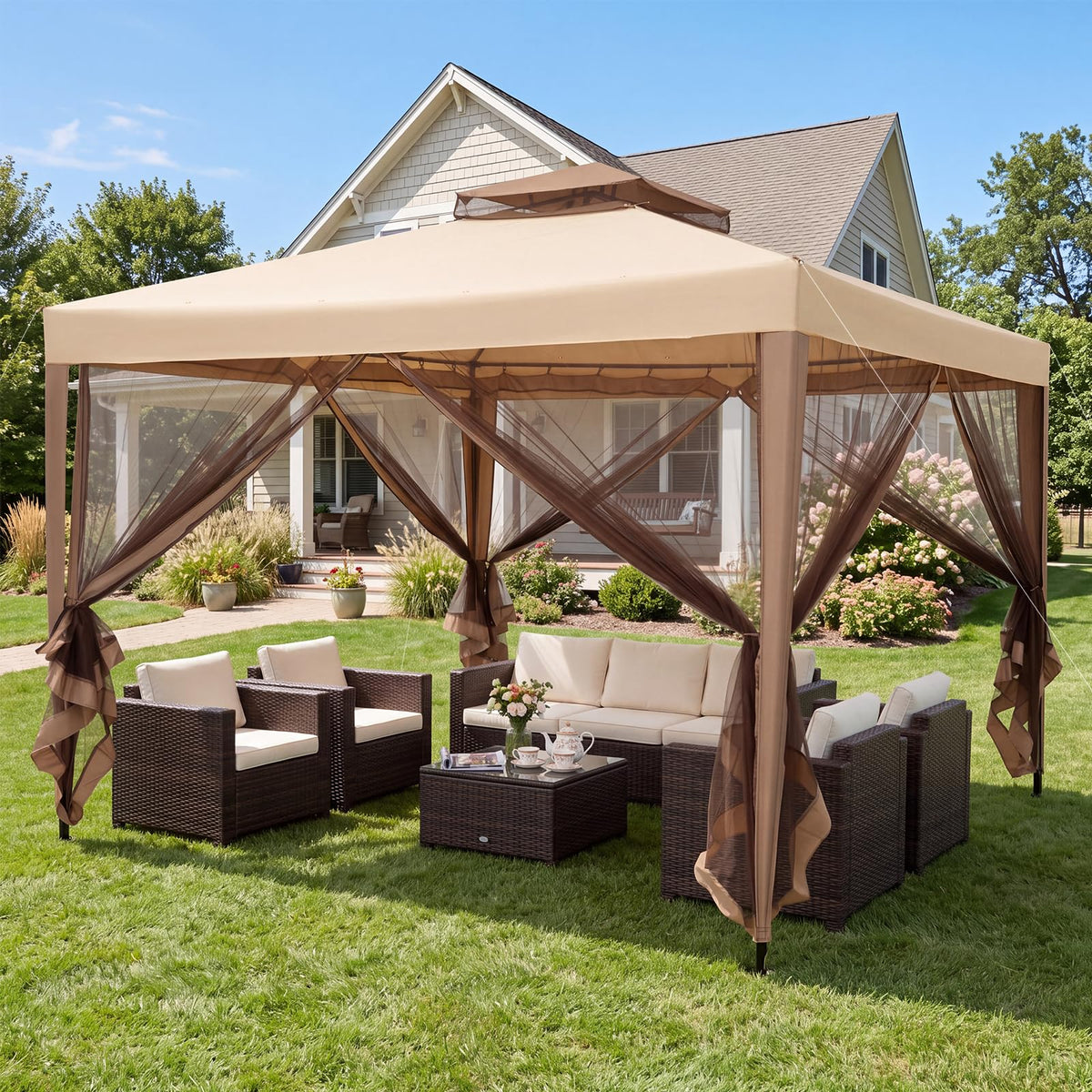 Tangkula 10x10 Ft Outdoor Gazebo with Zippered Mesh Netting
