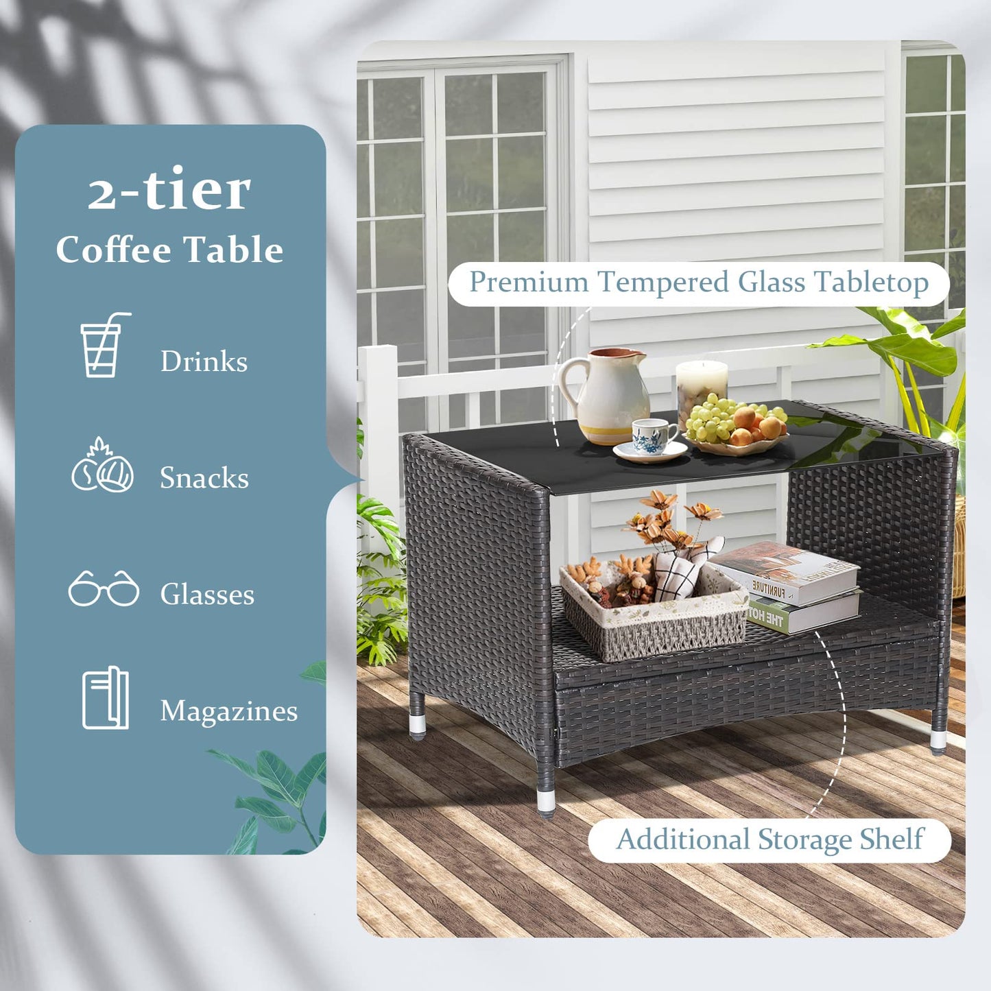 Tangkula 4 Pieces Patio Furniture Set, Patiojoy Outdoor PE Wicker Conversation Set with Soft Cushions and Tempered Glass Tabletop
