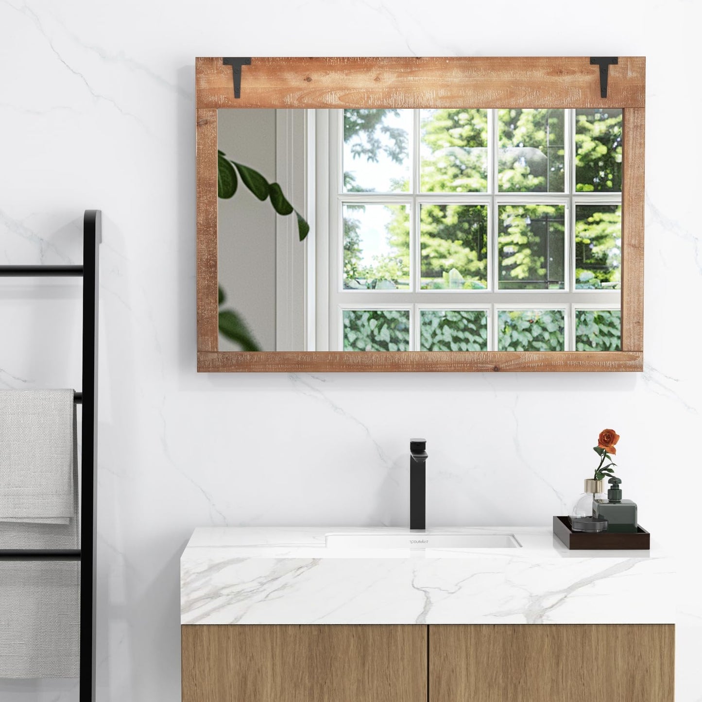 Tangkula Farmhouse Wall Mirror, 39" x 27.5" Rustic Barn Door Mirror w/Wood Frame