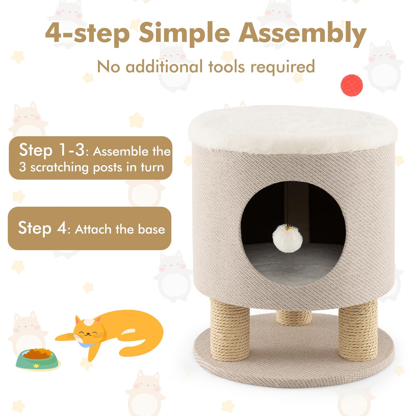 Tangkula Tabouret Condo pour Chats d'Intérieur, Pouf Maison pour Animaux & Lit pour Chaton avec Poteaux à Griffer & Jouet Balle en Peluche