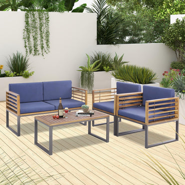 Ensemble de 4 chaises de terrasse Tangkula, ensemble de chaises en bois d'acacia avec 2 chaises, 1 causeuse et 1 table basse