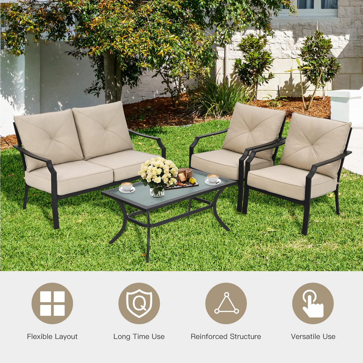 4 Pieces Outdoor Furniture Set, Patio Conversation Set with Cushions and Steel Frame