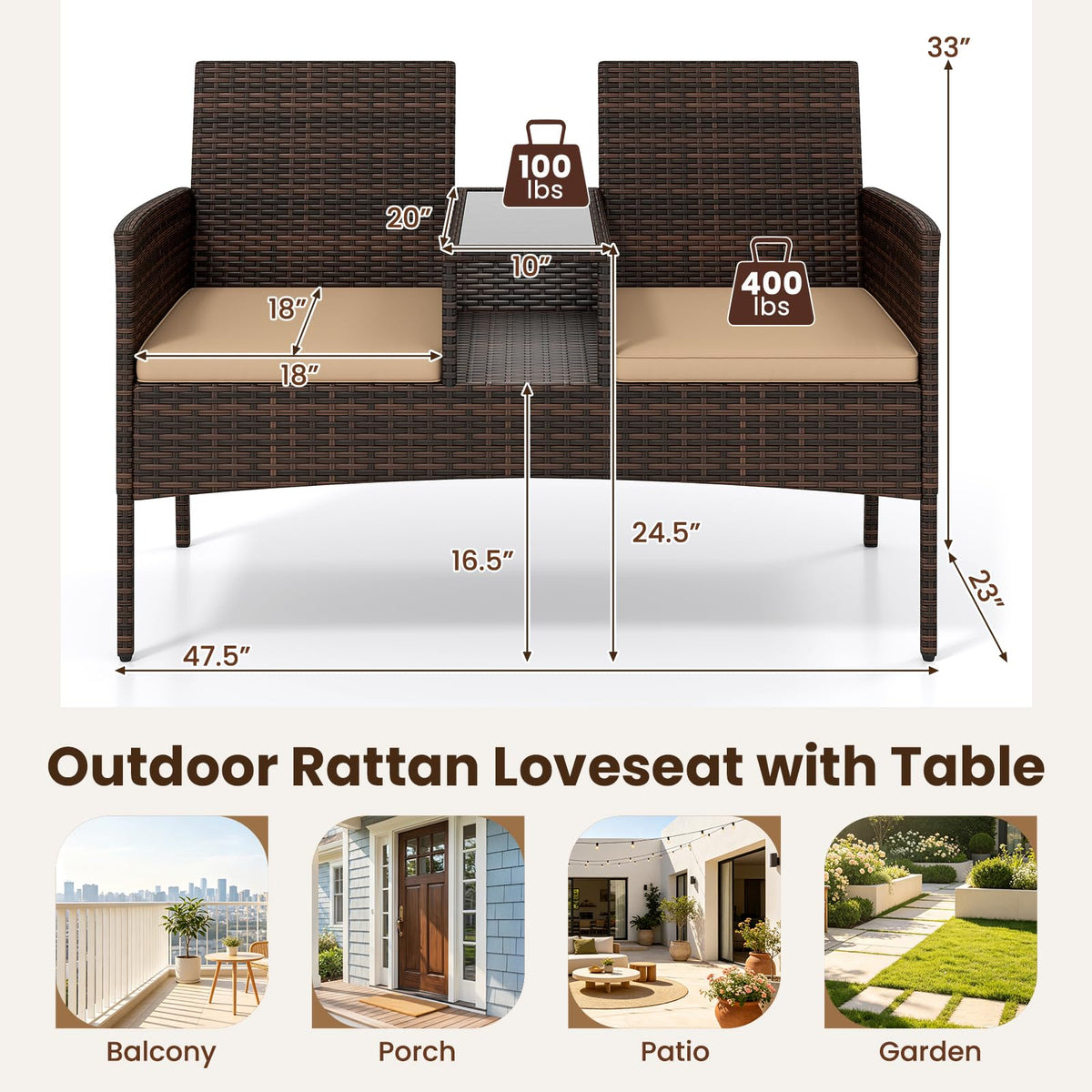 Tangkula Outdoor Loveseat with Built-in Table and Soft Cushions