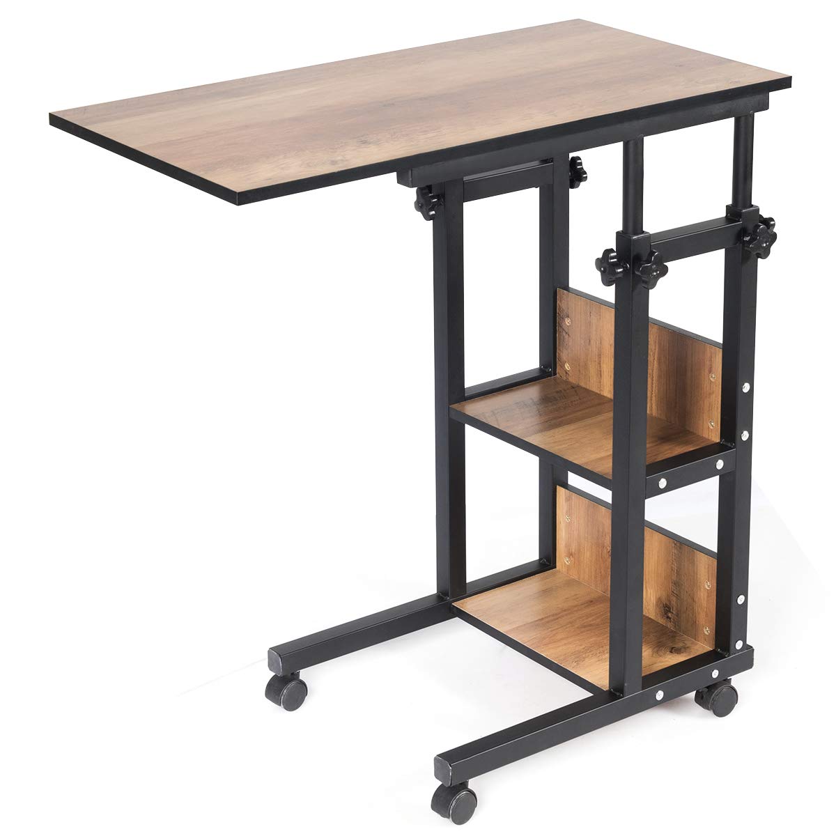 Table d'appoint mobile de canapé Tangkula, table d'extrémité roulante en forme de C à hauteur réglable avec étagères de rangement pour canapé-lit
