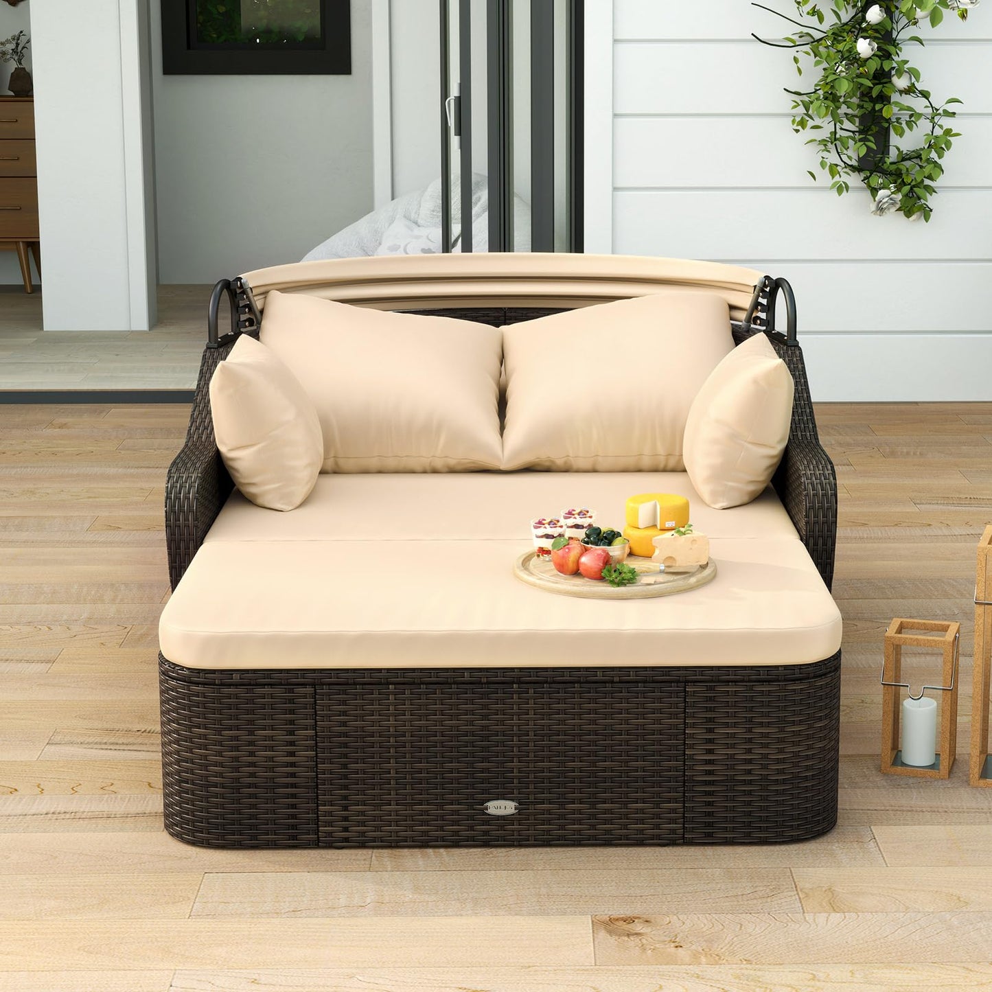 Tangkula Patio PE Rattan Daybed with Retractable Canopy