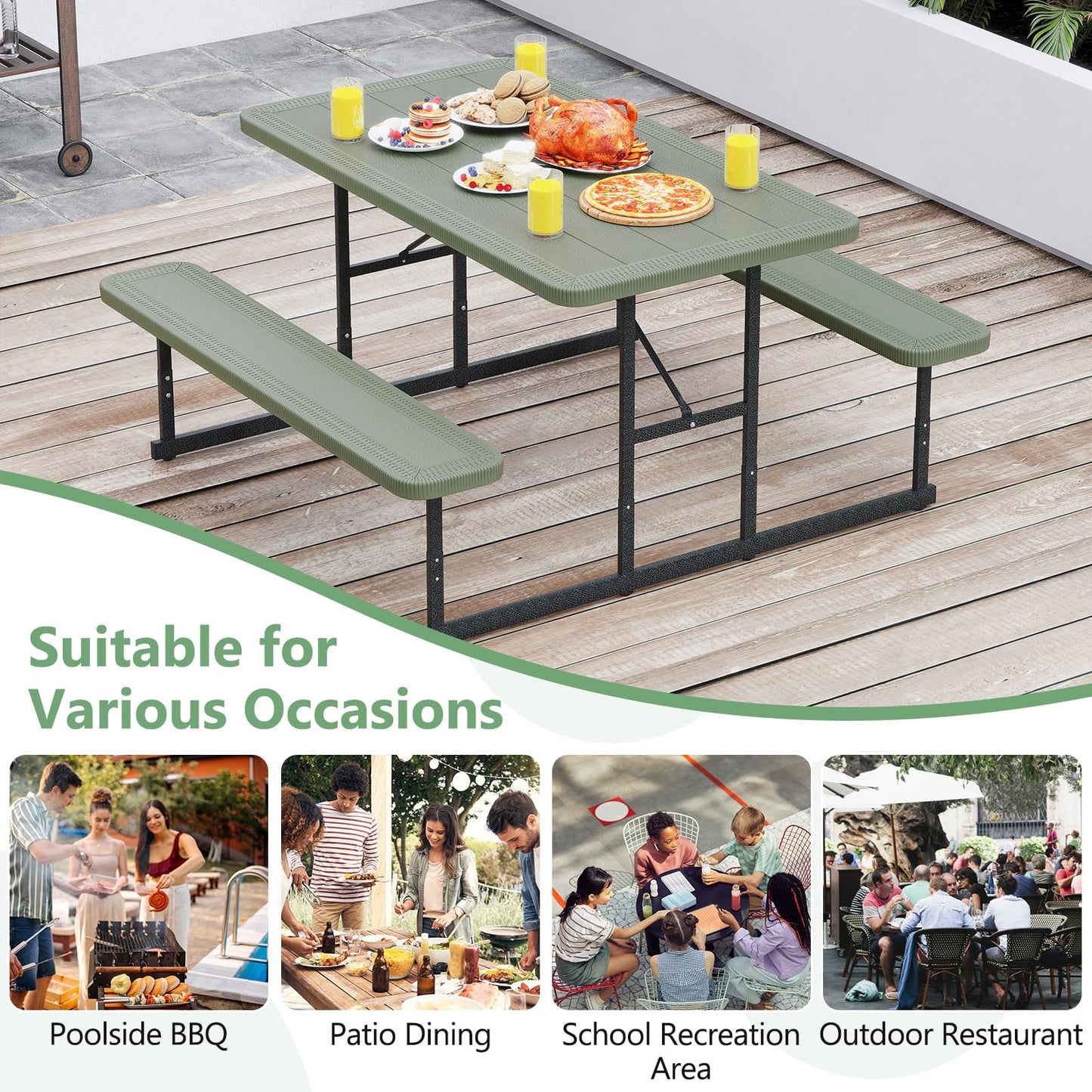 Tangkula HDPE Outdoor Rectangular Table Bench Set with 2 Built-in Benches