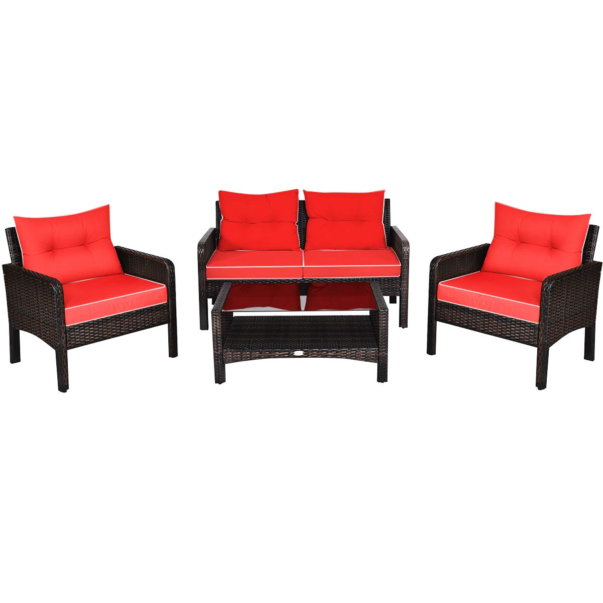 Tangkula 4 Piece Patio Furniture Set with Glass Top Coffee Table