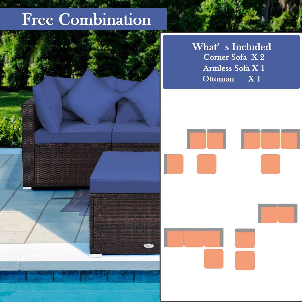 Tangkula Patio Rattan Sofa Set, Outdoor Wicker Sectional Furniture Set