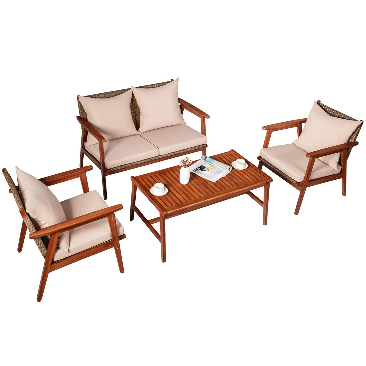 4/8PCS Patio Wood Sofa Set, Outdoor Acacia Wood Seating Chat Set with Cushions & Coffee Table