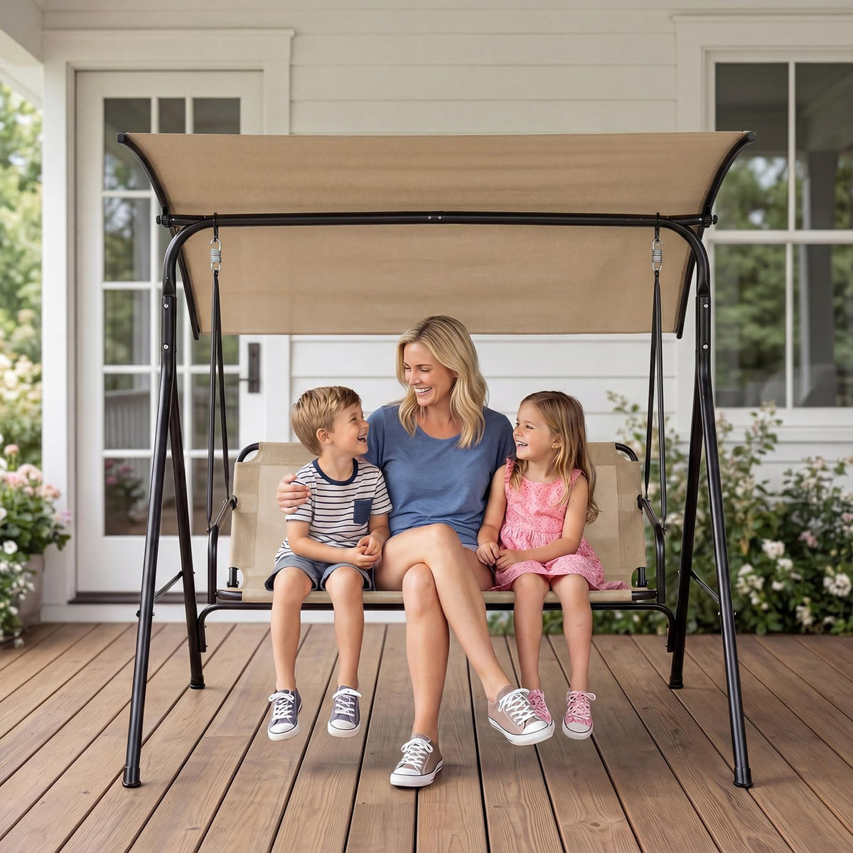Tangkula 3 Seat Outdoor Patio Swing Chair with Breathable Mesh Fabrics