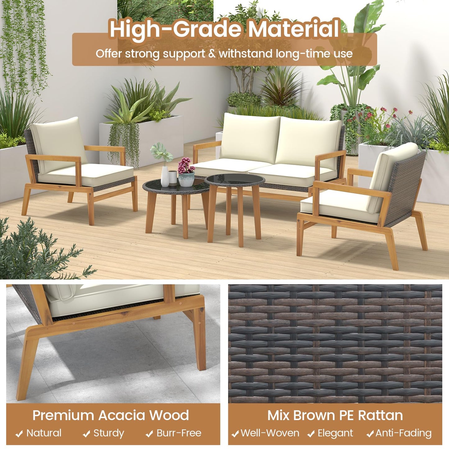 Tangkula 5 Piece Rattan Furniture Set, Patiojoy Wicker Sofa Set with Solid Acacia Wood Frame & 2 Tempered Glass Coffee Tables