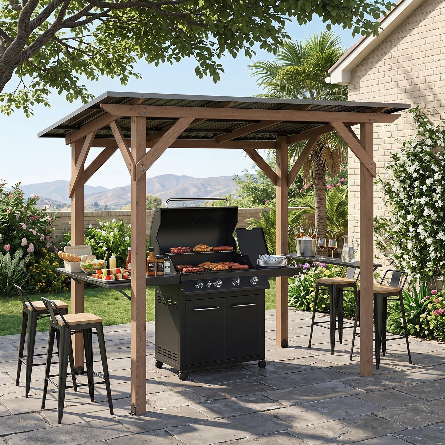 Tangkula Cedar Wood 8.6 FT x 5 FT Grill Gazebo | Barbecue Gazebo