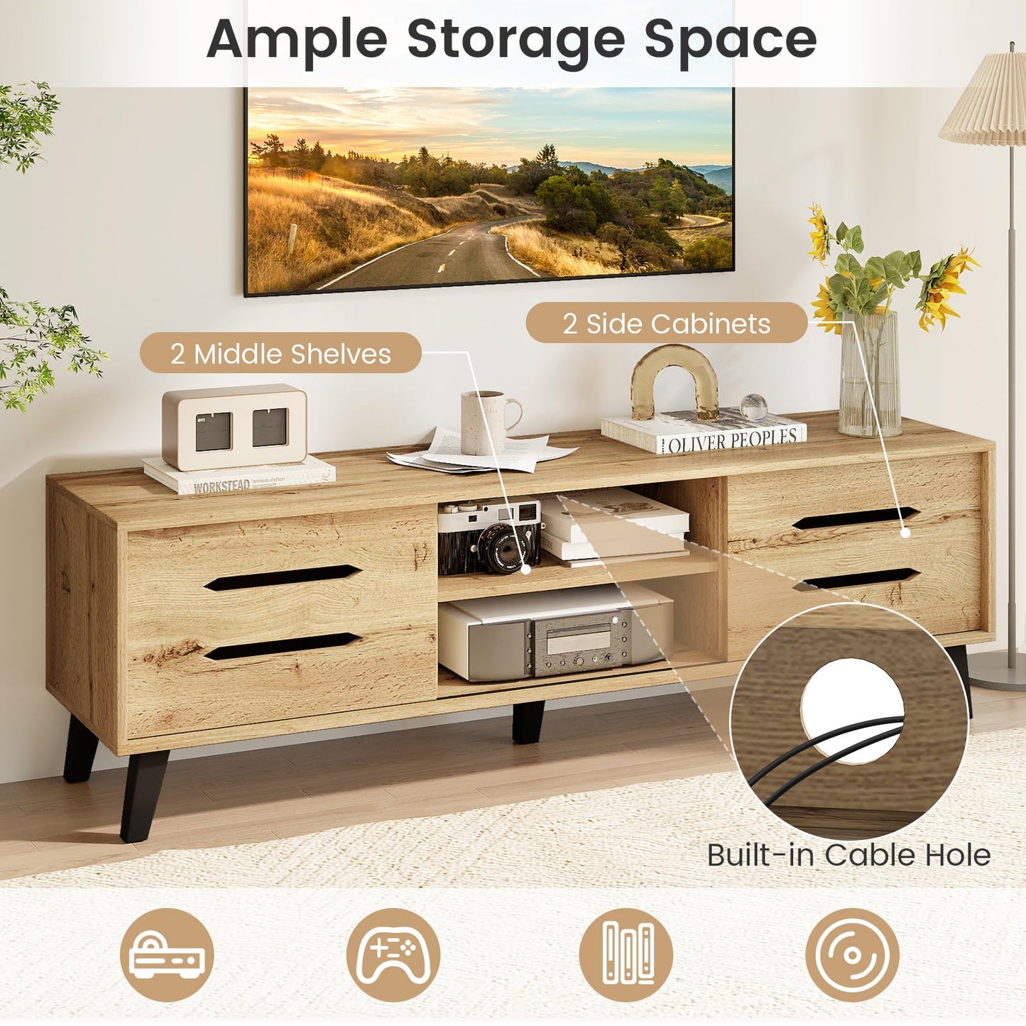Tangkula Mid Century Modern TV Stand with Sliding Doors for 65” TVs