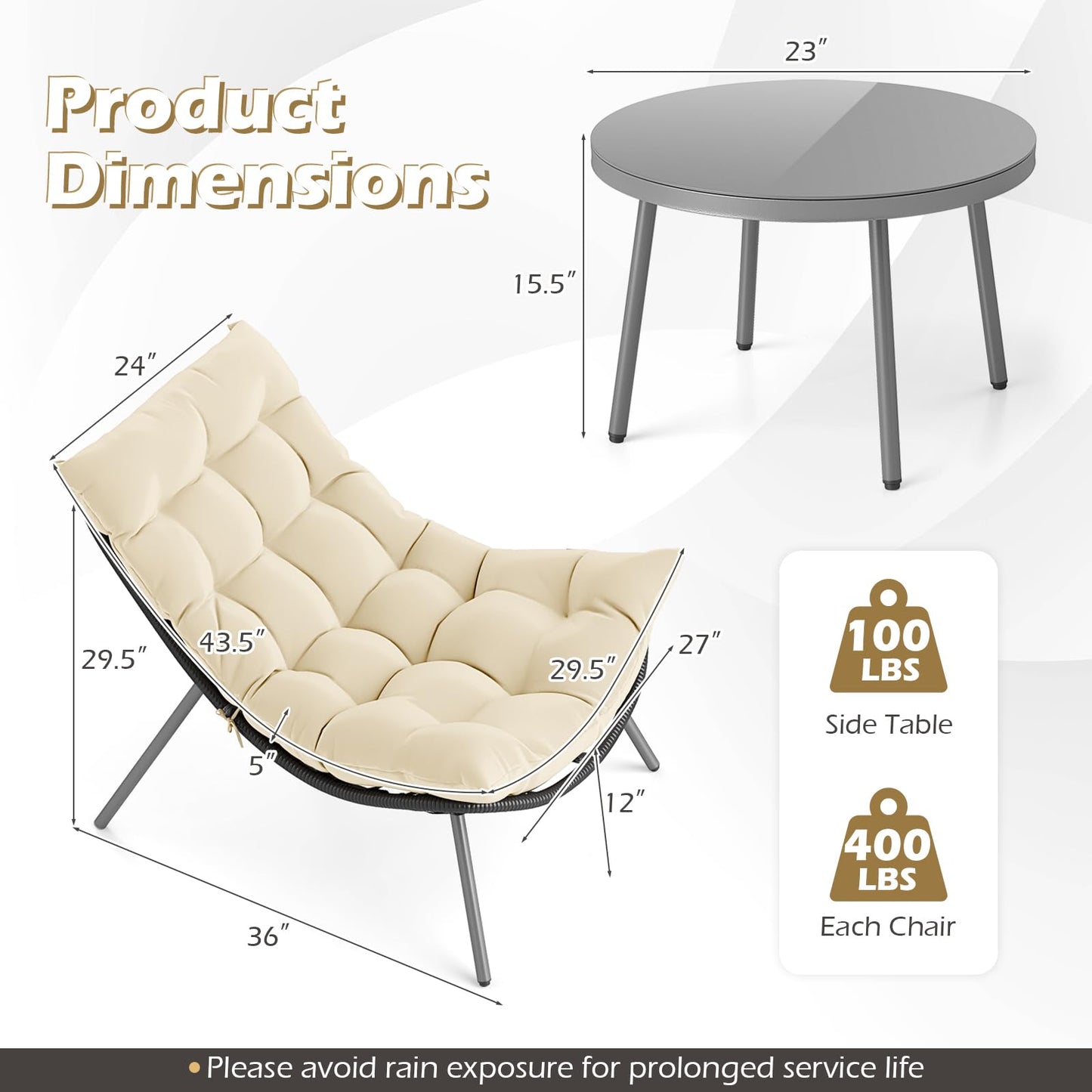 Tangkula 3 Pieces Patio Furniture Set with Cushioned Papasan Chairs and Tempered Glass Coffee Table for Porch