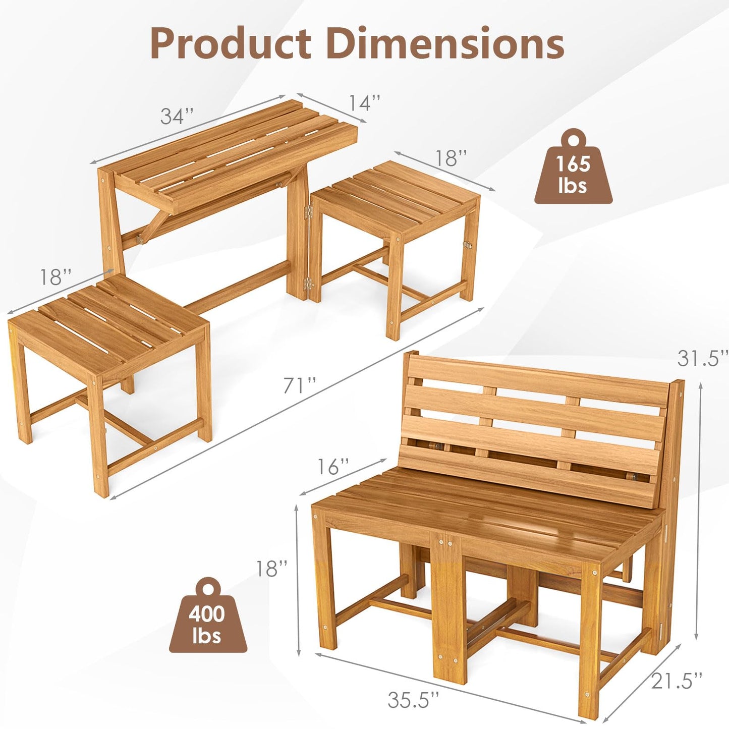 Tangkula 3 in 1 Outdoor Acacia Wood Loveseat Bench Furniture