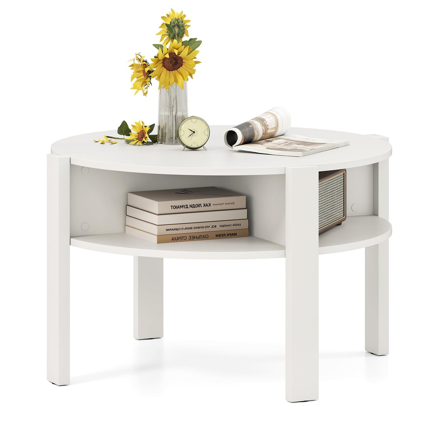 Tangkula Table Basse Ronde 75 cm, Table Centrale Circulaire à 2 Niveaux avec Étagères de Rangement