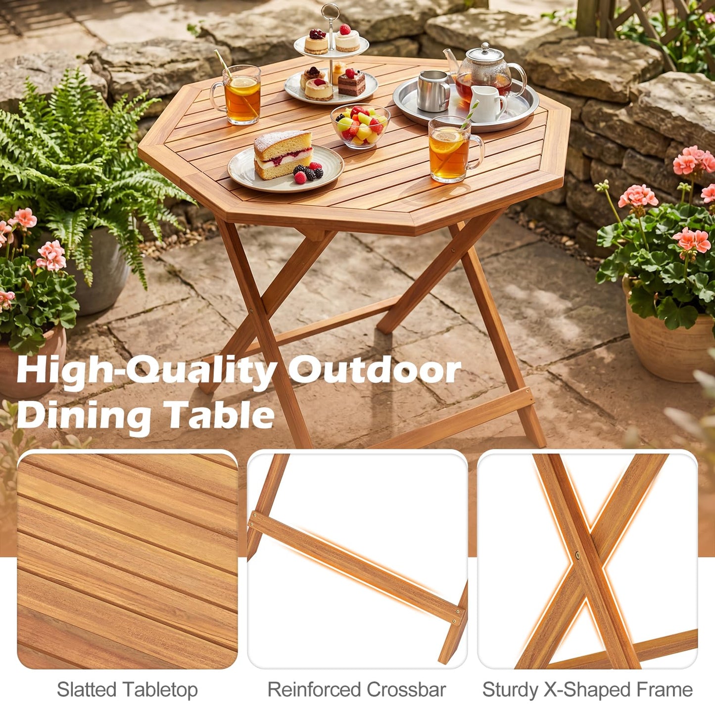 Tangkula 37.5" Acacia Wood Octagonal Folding Patio Table for 4