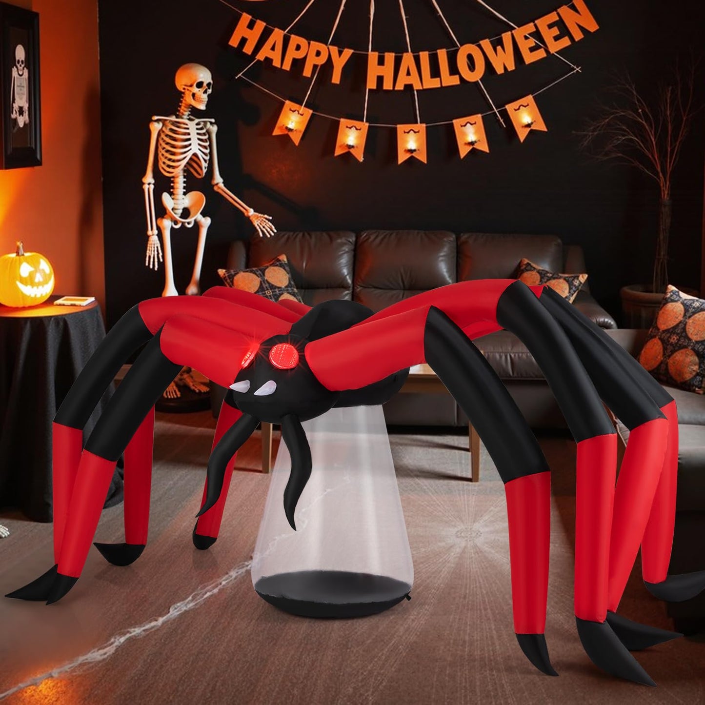 Tangkula Araignée gonflable d'Halloween de 1,5 mètre, araignée géante d'extérieur avec yeux lumineux tunnel rouges