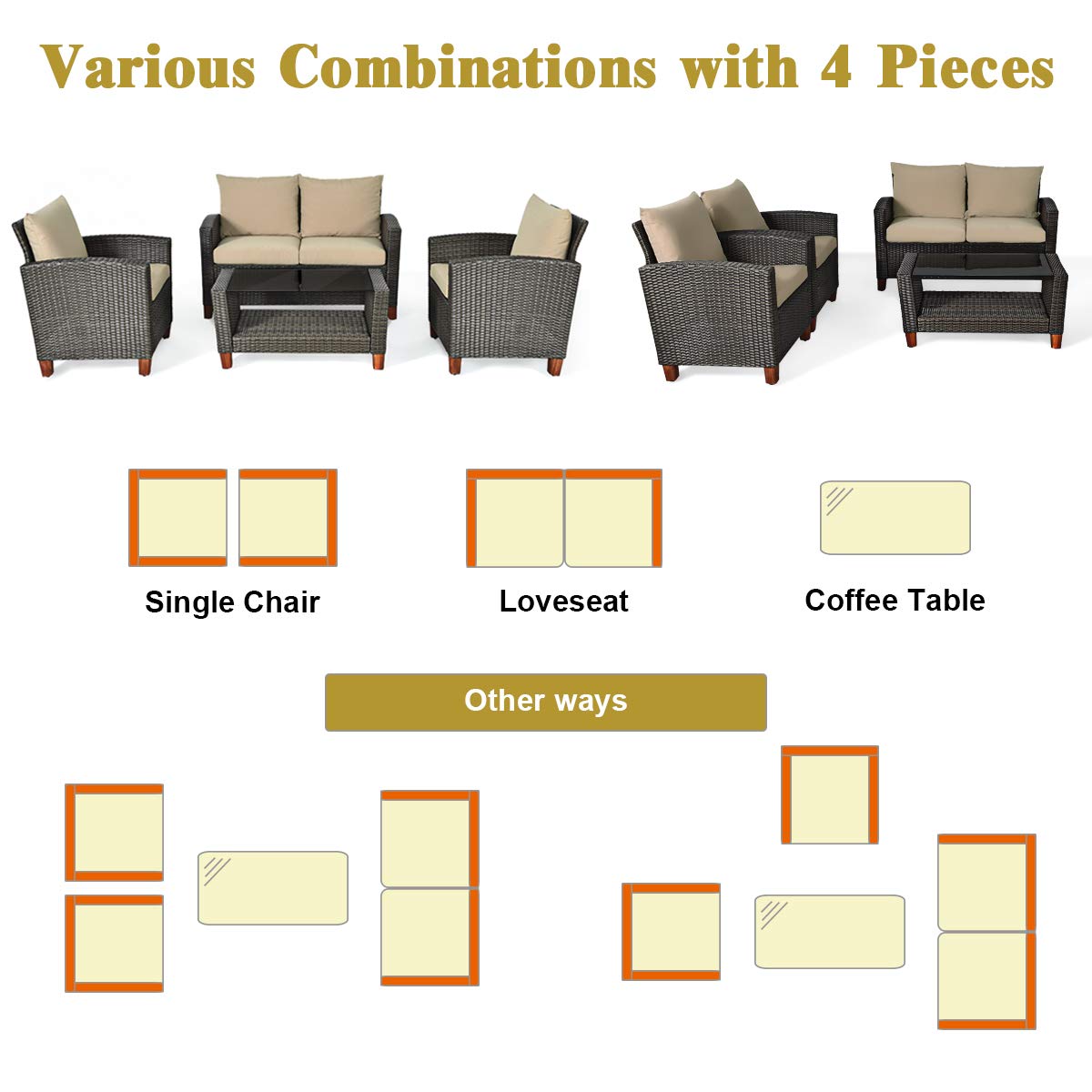 Tangkula Patio Rattan Furniture Set with Tempered Glass Coffee Table for Porch