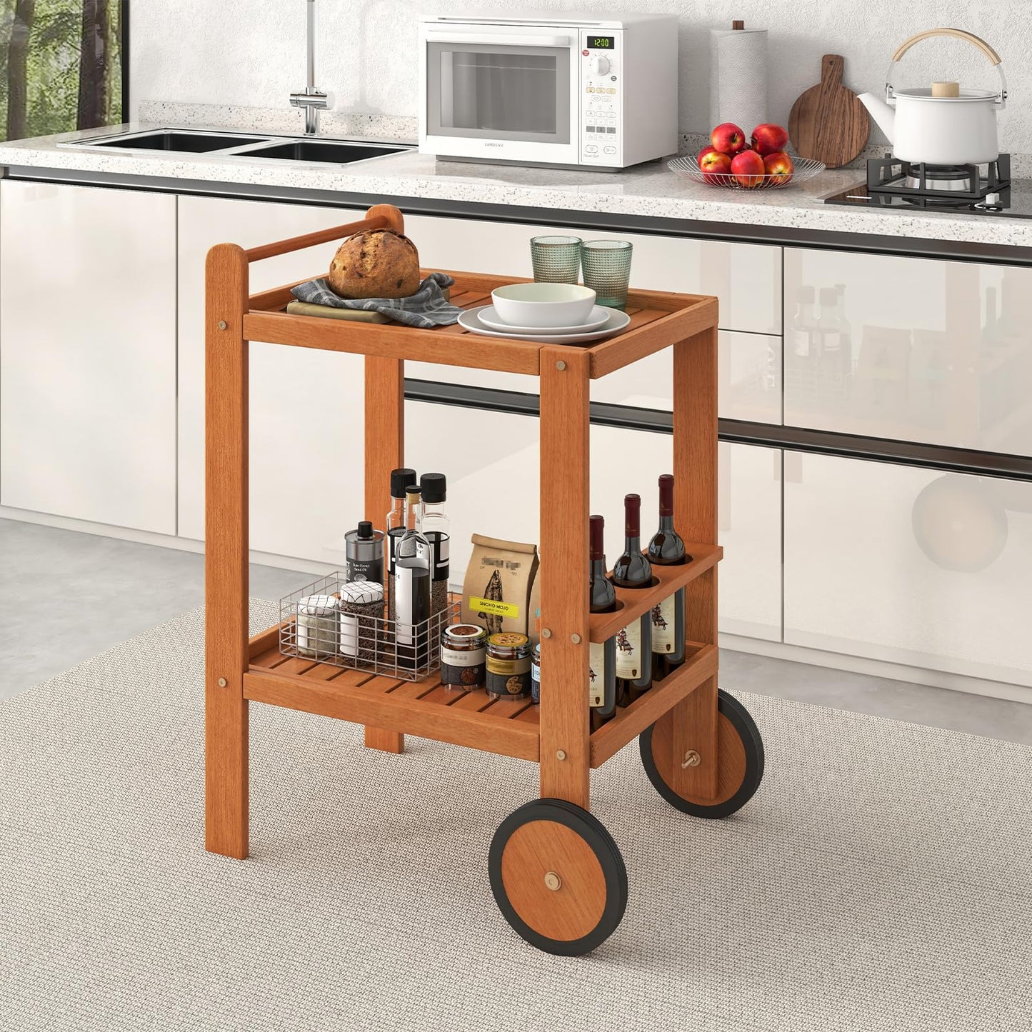 Chariot de bar en bois Tangkula, chariot de service roulant à 2 niveaux pour l'extérieur et l'intérieur