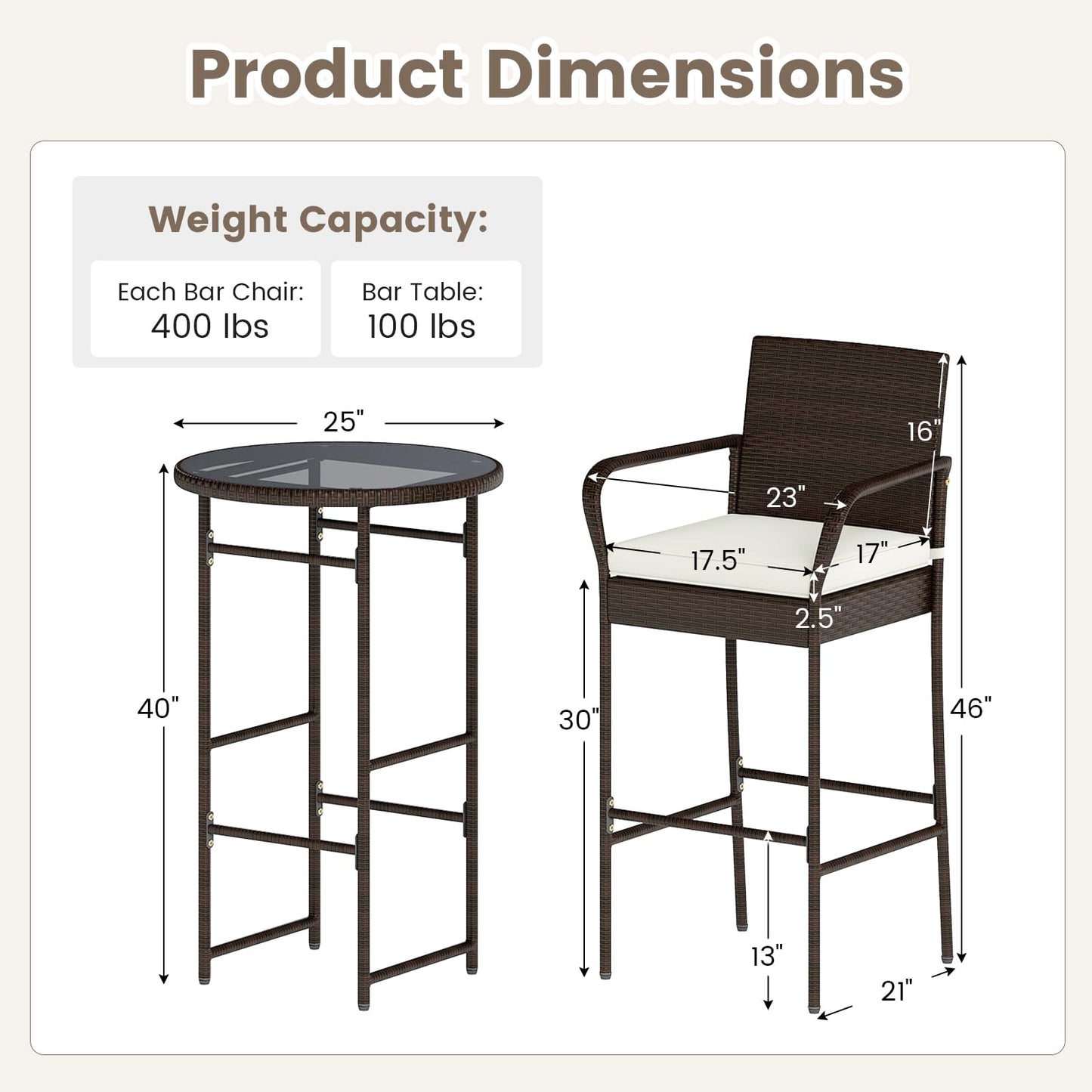 Tangkula Patio Rattan Heavy Duty Bar Height Glass Top Table & 2 Cushioned Barstools