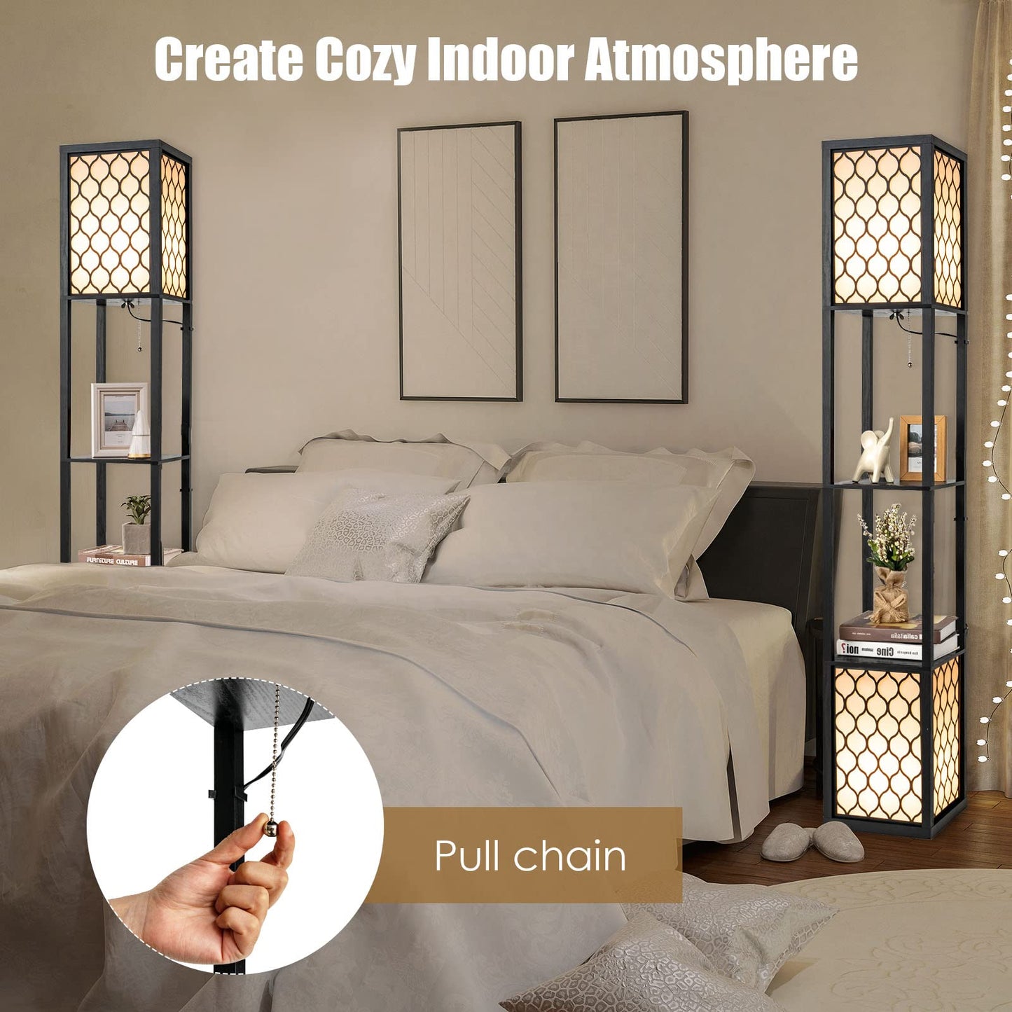 Freestanding Double Lamp w/ 2-Tier Wood Shelf & White Lampshade, E26 Bulb Base, Pull Chain & Foot Switch