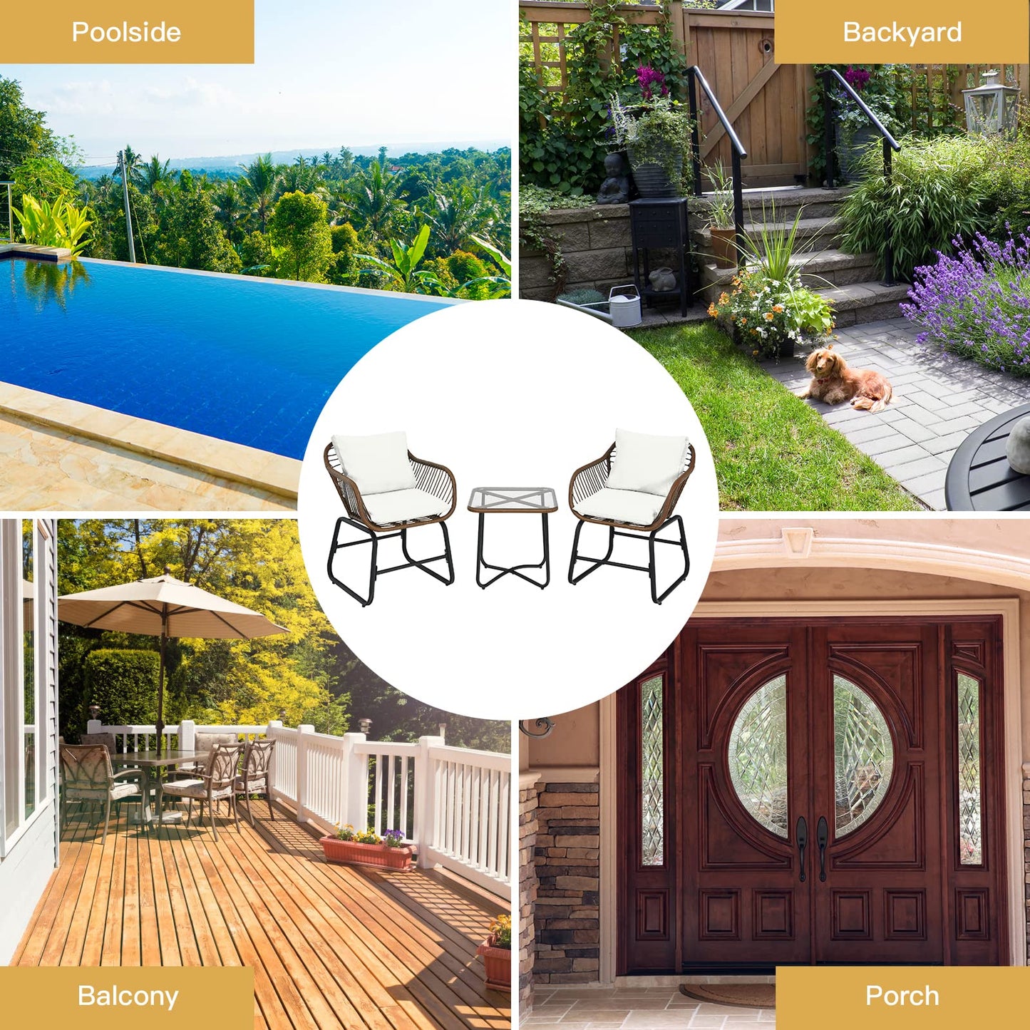 Tangkula 3 Pieces Patio Bistro Set with Comfortable Cushions & Adjustable Foot Pads