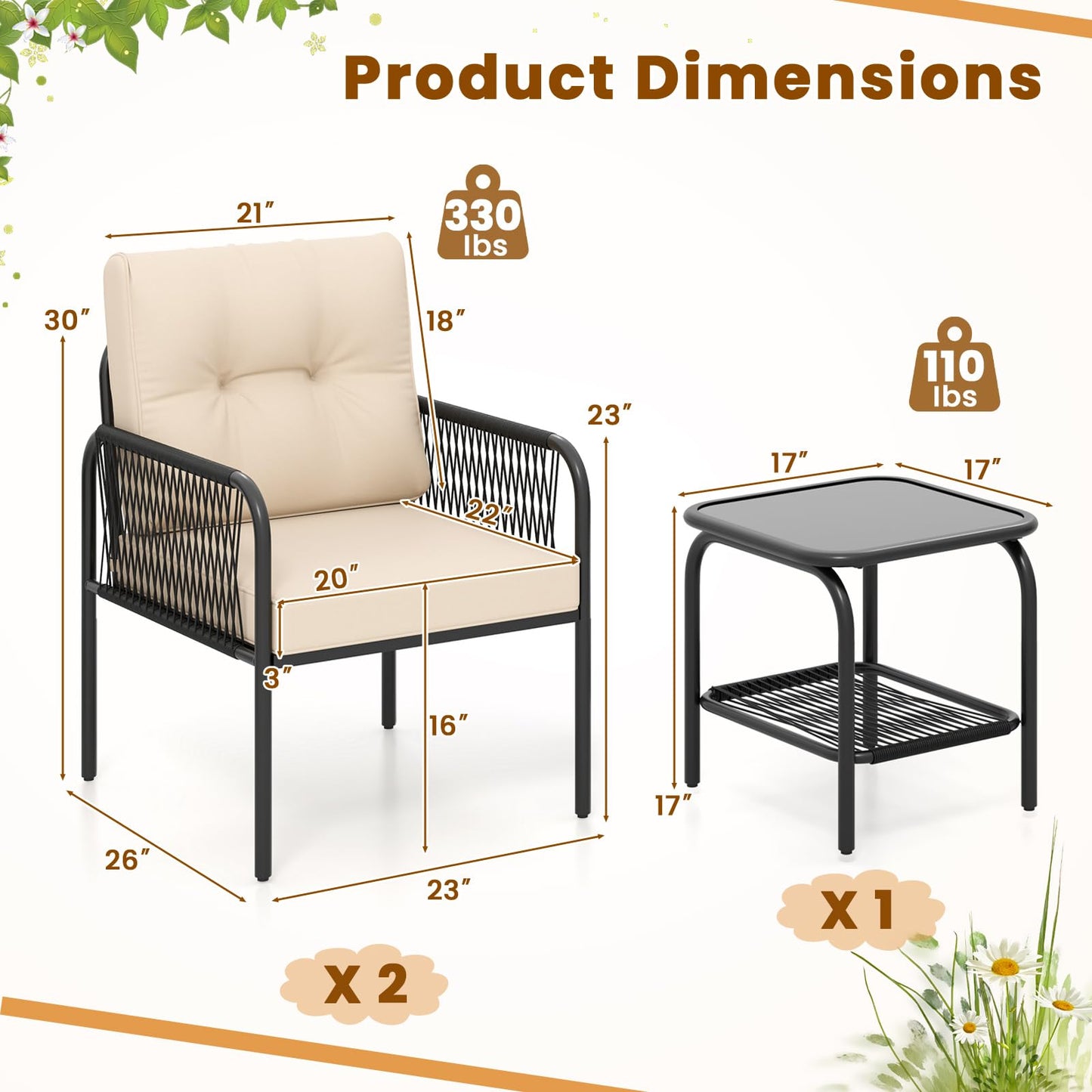 Tangkula 3 Pieces Patio Bistro Set