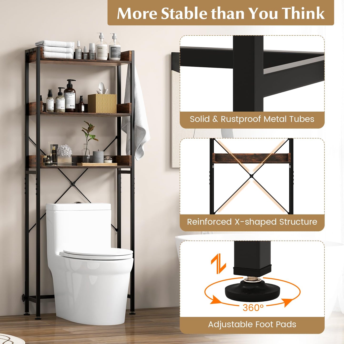 Tangkula Over The Toilet Storage Rack, 3-Tier Bathroom Space Saver w/ 4 Hooks & Adjustable Bottom Bar