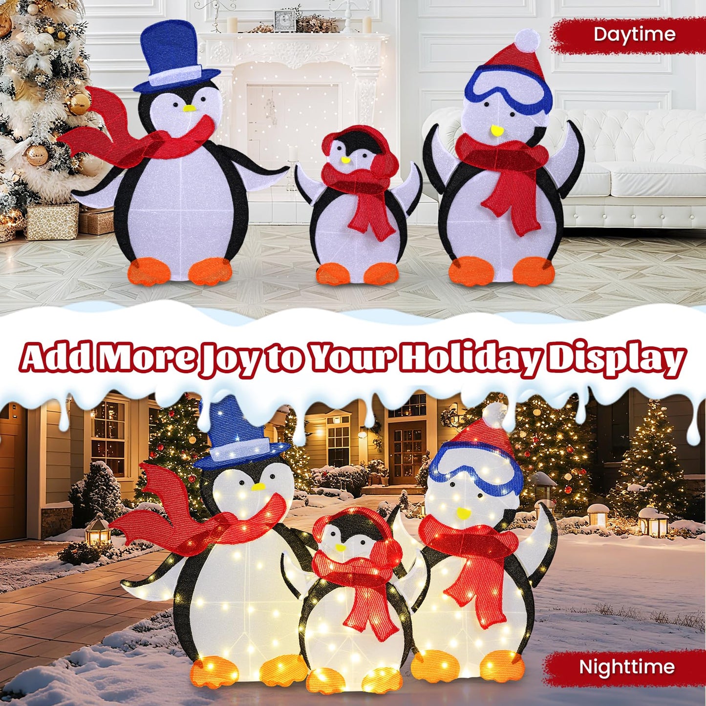 Tangkula 3-Piece Christmas Lighted Penguin Family Set Decoration