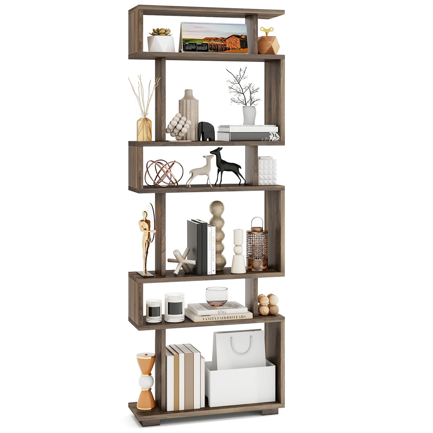 Tangkula 64" Tall 6-Tier S Shaped Bookcase with Anti-Tipping Kit