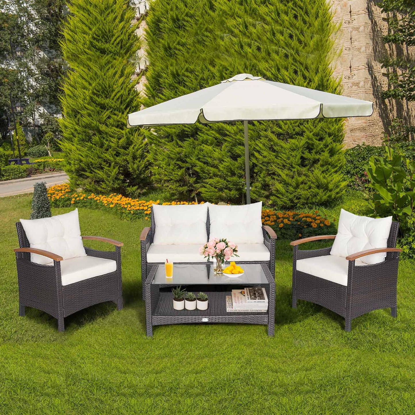 4 Piece Patio Rattan Conversation Set, Outdoor Wicker Sofa Set W/2-Layer Coffee Table