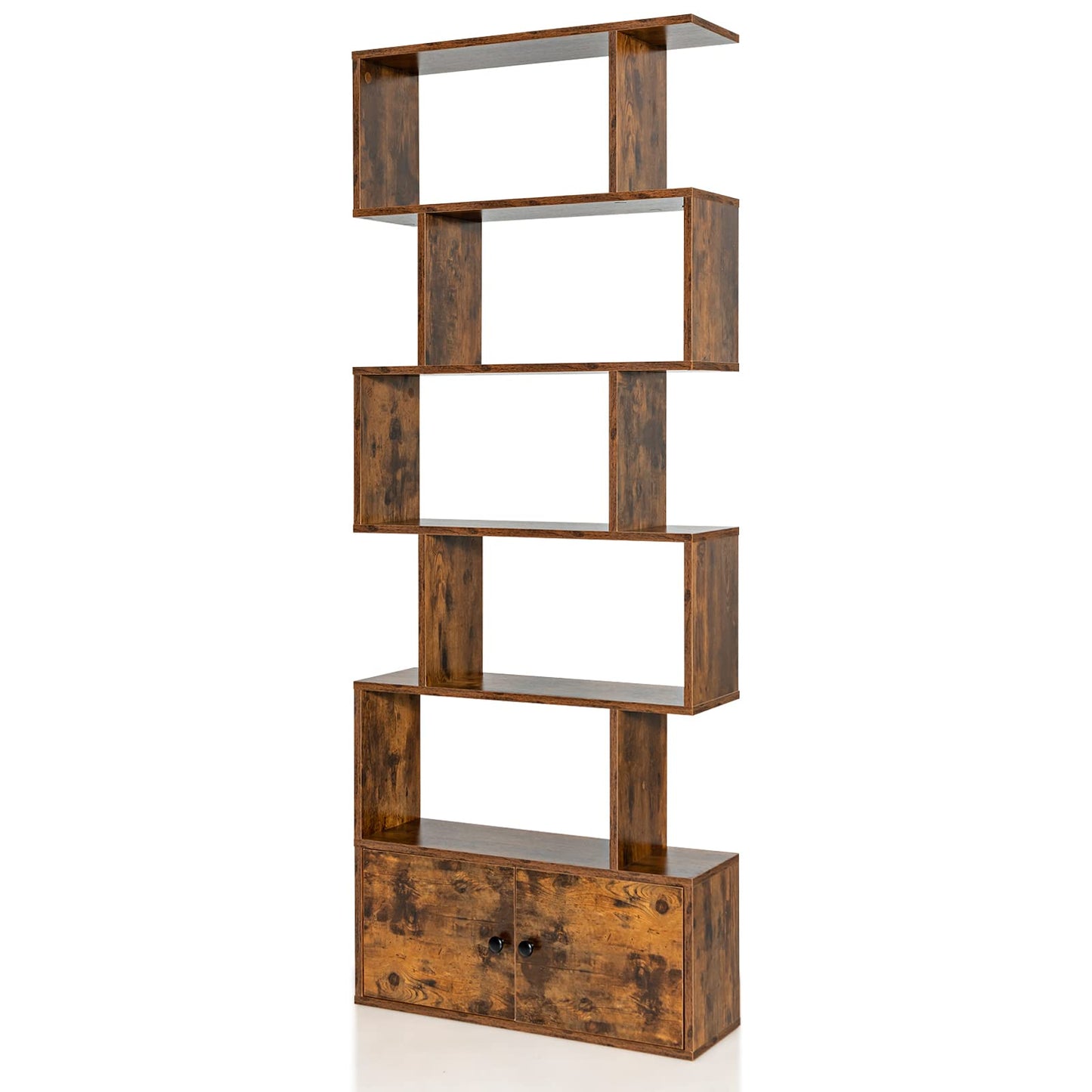 Tangkula S Shaped Bookshelf with Cabinet, 6-Tier Bookcase with Doors, Freestanding Geometric Bookshelves for Living Room