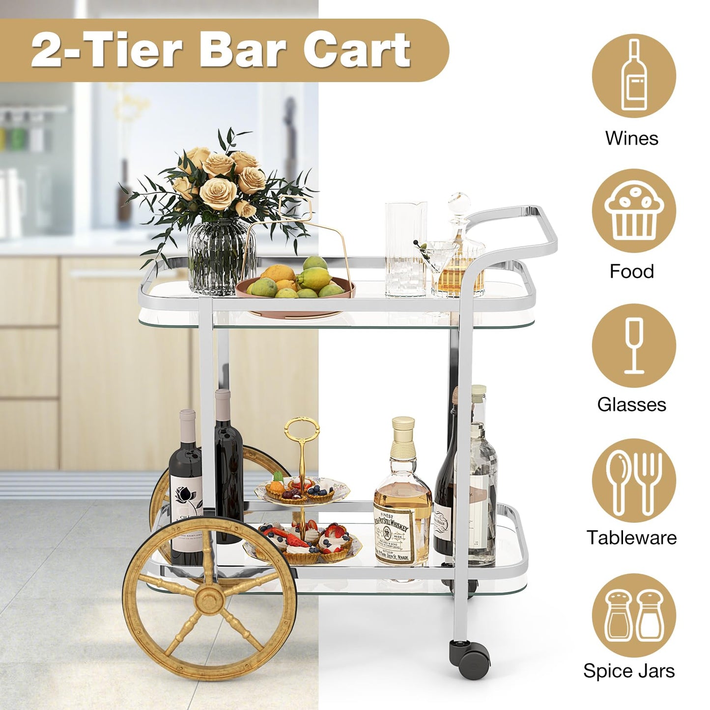Tangkula Bar Cart for The Home, 2-Tier Rolling Tempered Glass Serving Cart, 2 Large Gold Aluminum Wheels & 2 Casters