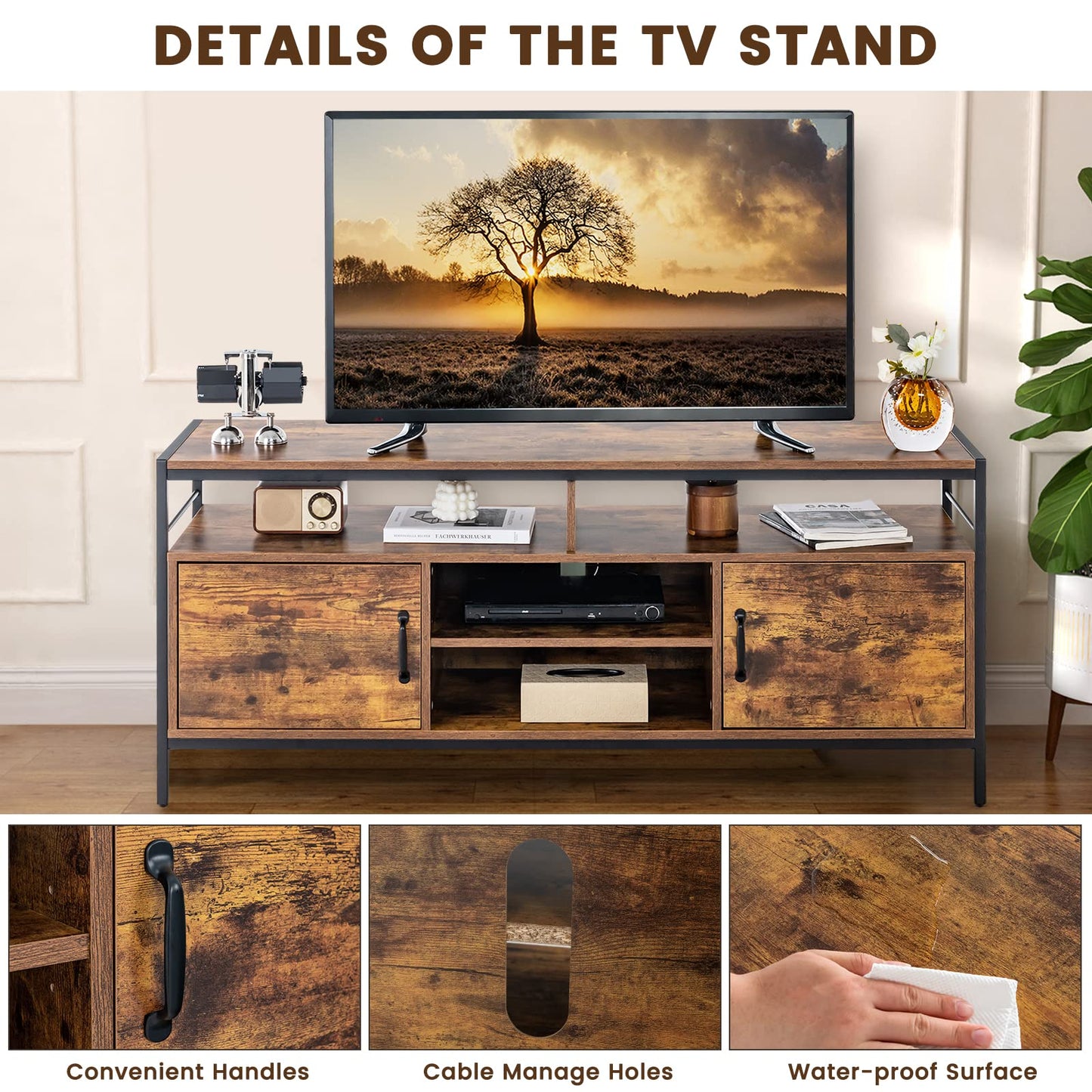Meuble TV Tangkula pour téléviseurs jusqu'à 65" - Console TV de 58" avec armoires latérales et étagère réglable
