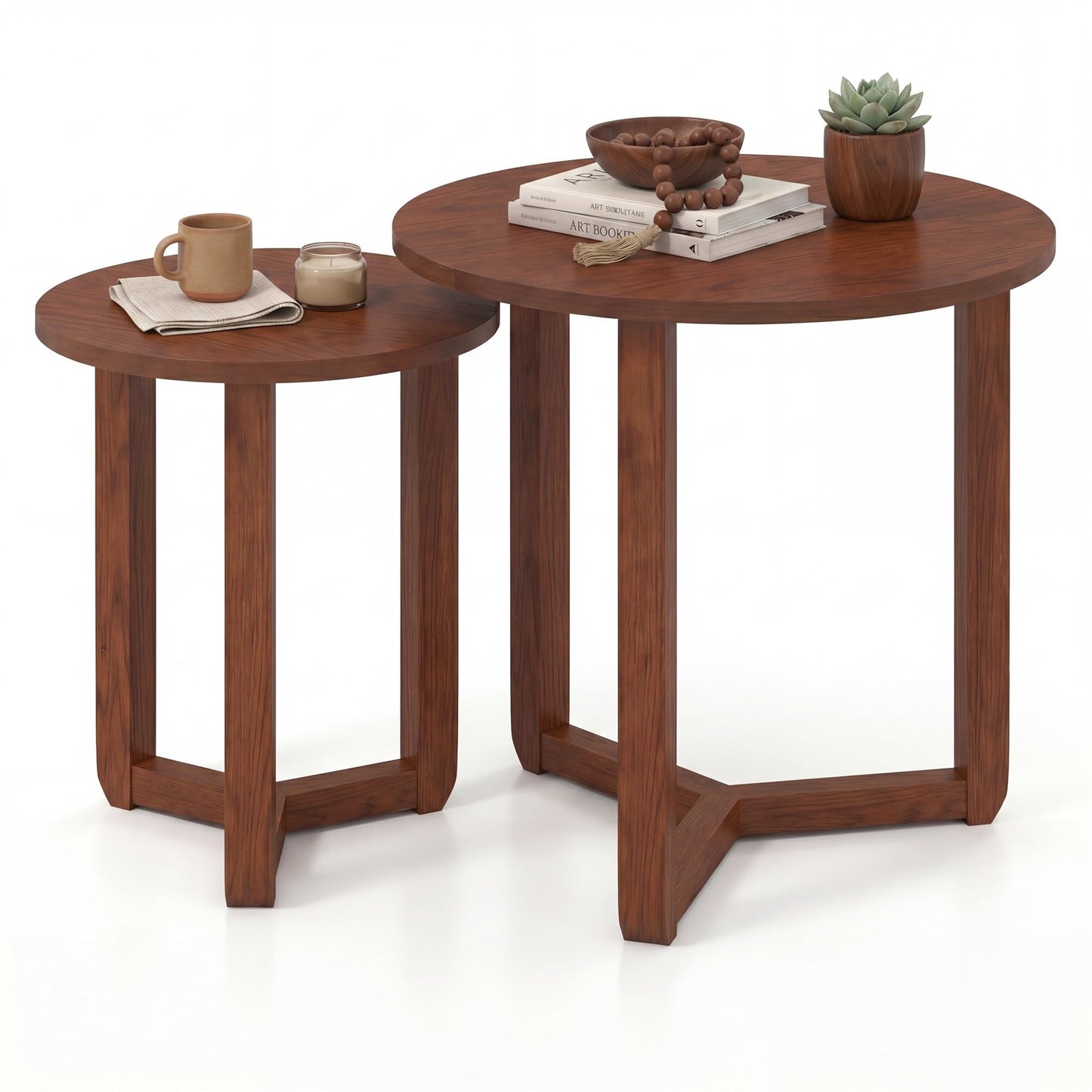 Tangkula Round Nesting Coffee Table Set of 2 with Solid Rubber Wood Tripod Legs